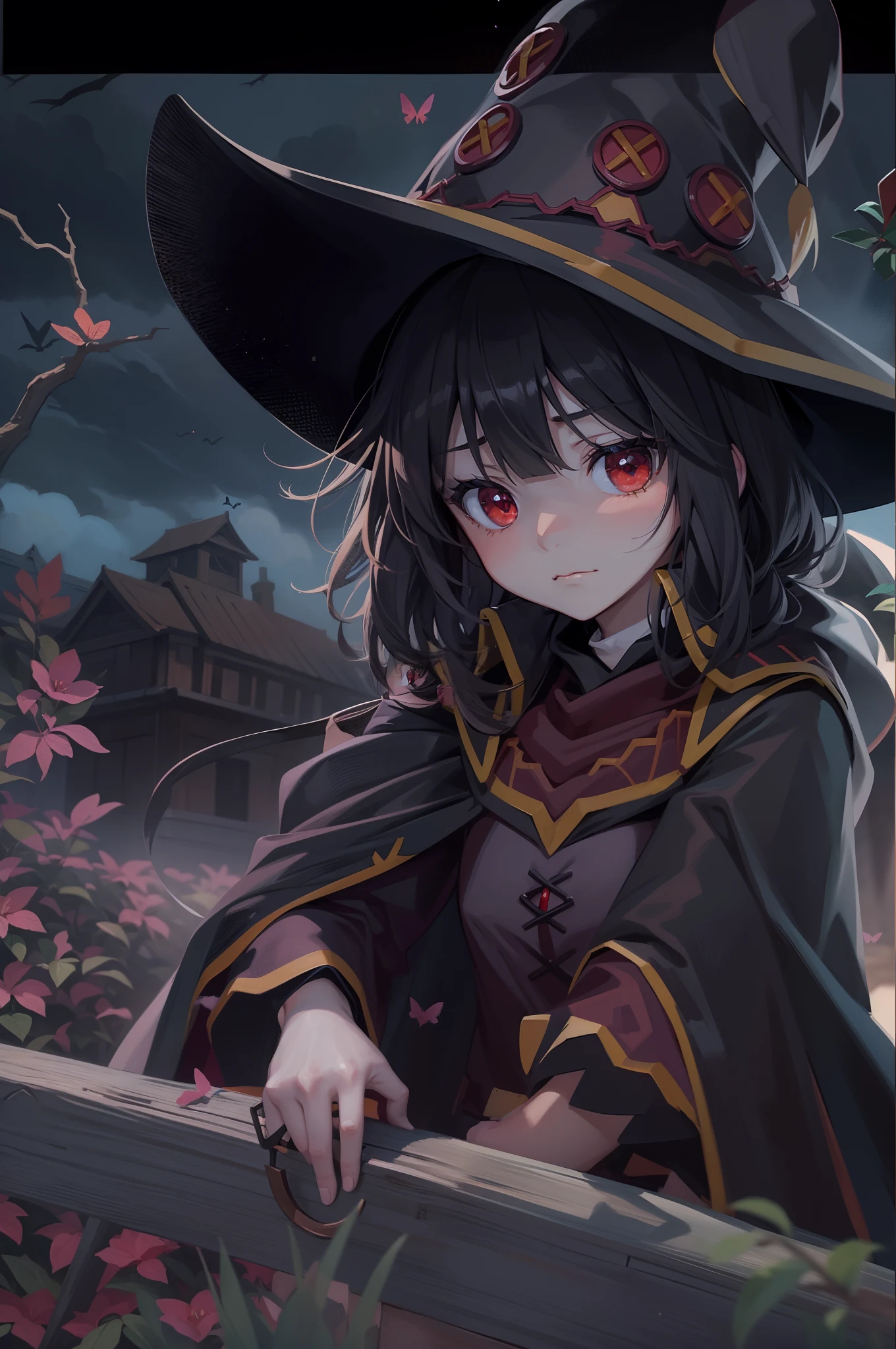 2D, masterpiece, best quality, highly detailed, 1girl, alone, cowboy photo, a girl with black hair, long sleeves, outdoors, red eyes, Megumin, black butterflies, scary environment, moonlit night, shades of grey, intense look, sad expression, short hair, Cute, Megumin, witch hat, Red Wizard Cape, red outfit