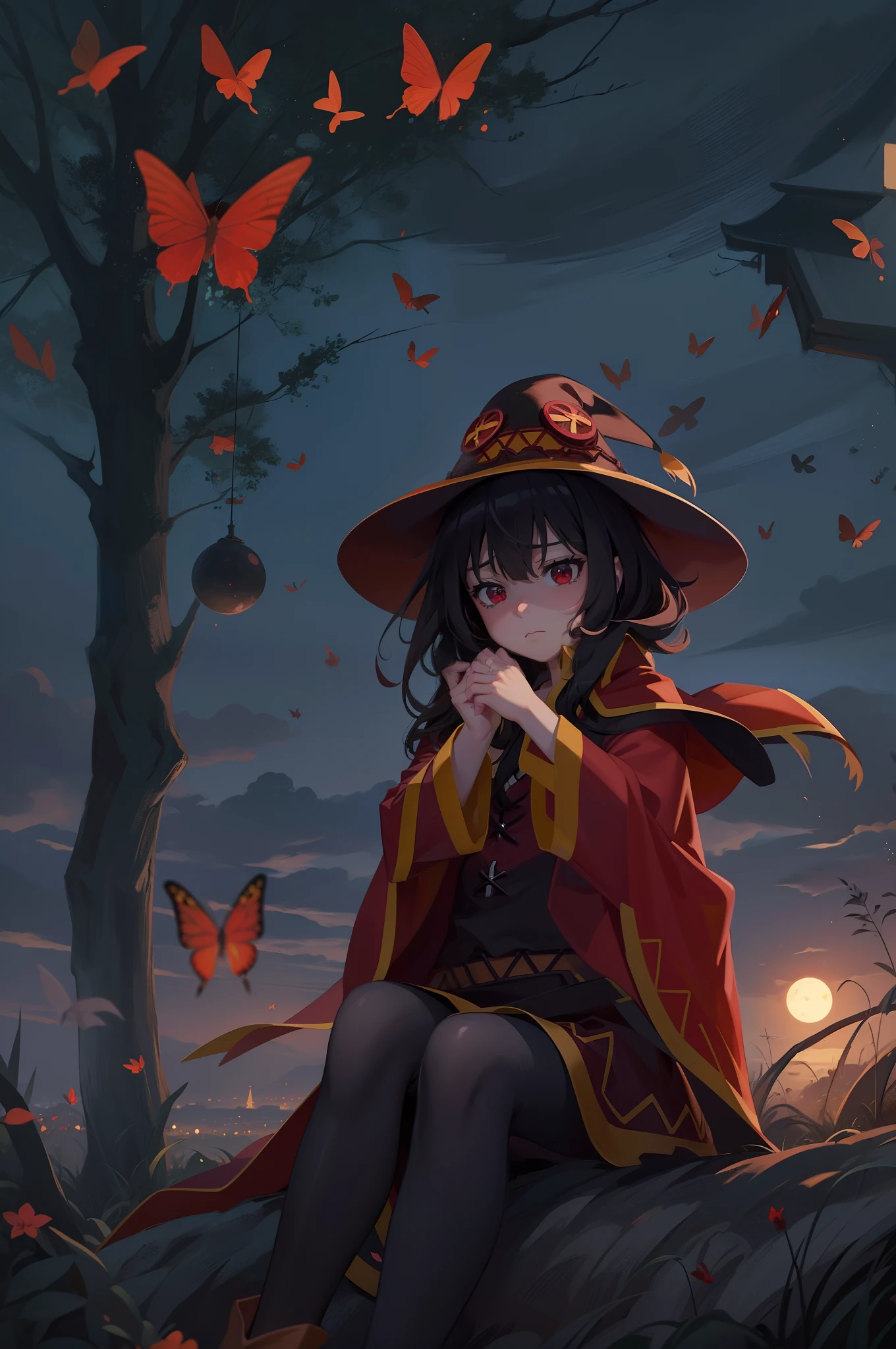 2D, masterpiece, best quality, highly detailed, 1girl, alone, cowboy photo, a girl with black hair, long sleeves, outdoors, red eyes, Megumin, black butterflies, scary environment, moonlit night, shades of grey, intense look, sad expression, short hair, Cute, Megumin, witch hat, Red Wizard Cape, red outfit
