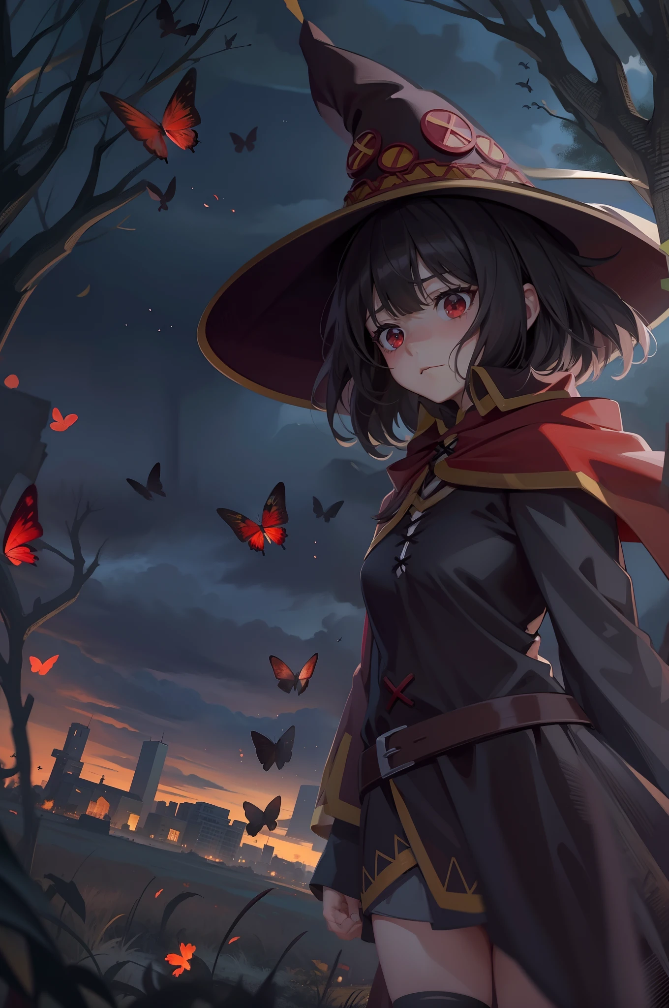 2D, masterpiece, best quality, highly detailed, 1girl, alone, cowboy photo, a girl with black hair, long sleeves, outdoors, red eyes, Megumin, black butterflies, scary environment, moonlit night, shades of grey, intense look, sad expression, short hair, Cute, Megumin, witch hat, Red Wizard Cape, red outfit