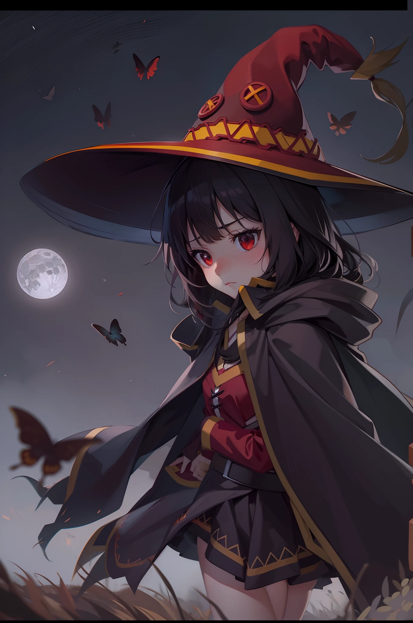 2D, masterpiece, best quality, highly detailed, 1girl, alone, cowboy photo, a girl with black hair, long sleeves, outdoors, red eyes, Megumin, black butterflies, scary environment, moonlit night, shades of grey, intense look, sad expression, short hair, Cute, Megumin, witch hat, Red Wizard Cape, red outfit