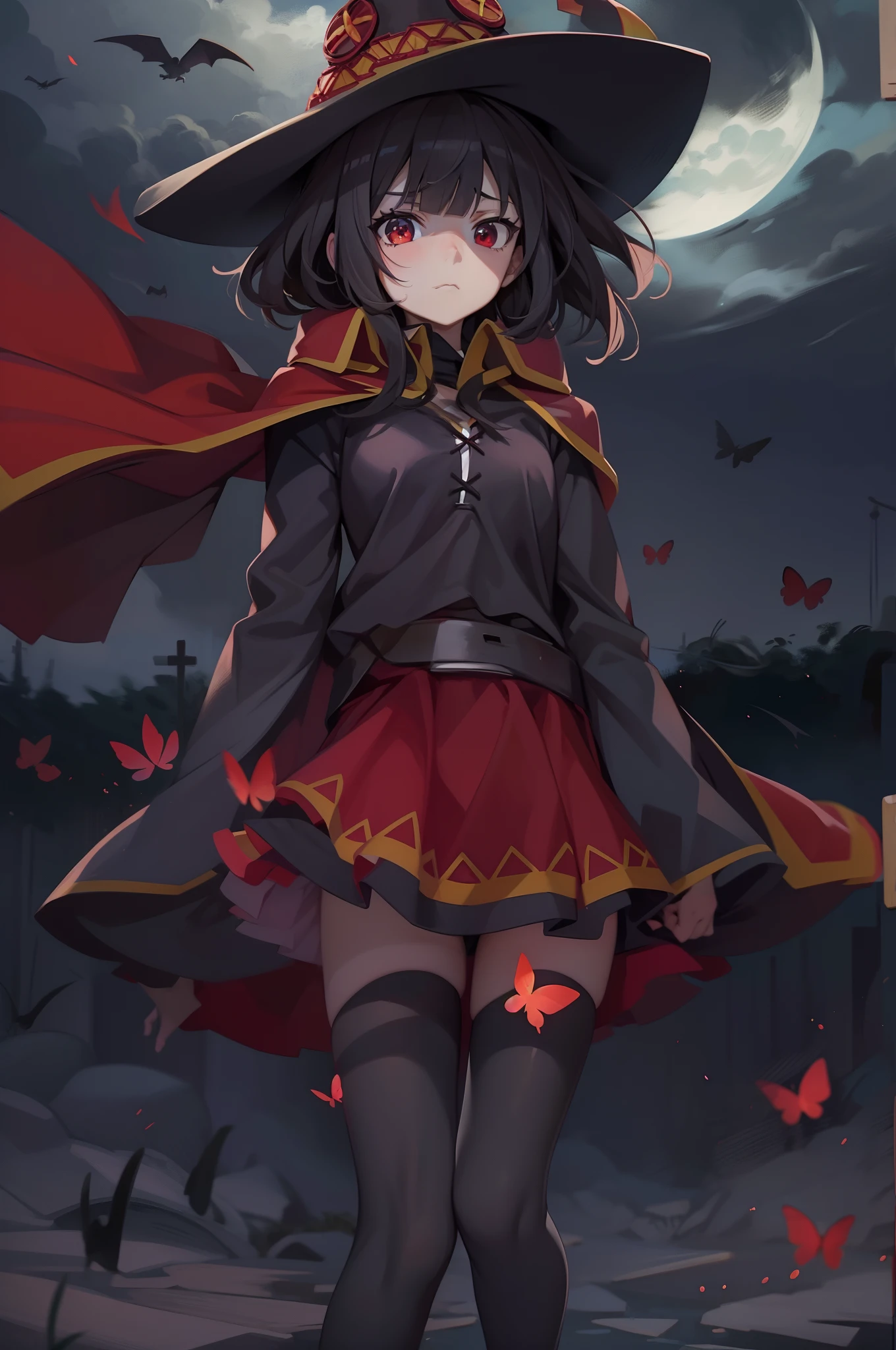 2D, masterpiece, best quality, highly detailed, 1girl, alone, cowboy photo, a girl with black hair, long sleeves, outdoors, red eyes, Megumin, black butterflies, scary environment, moonlit night, shades of grey, intense look, sad expression, short hair, Cute, Megumin, witch hat, Red Wizard Cape, red outfit