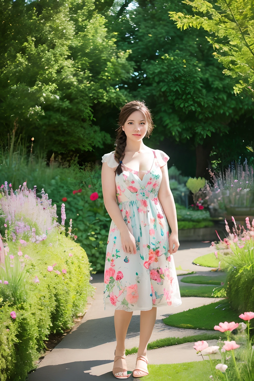 Woman, look at viewr, french braid hair , Flower Holter Dress, cleavage, Garden landscape design, (Rim Light) chubby figure