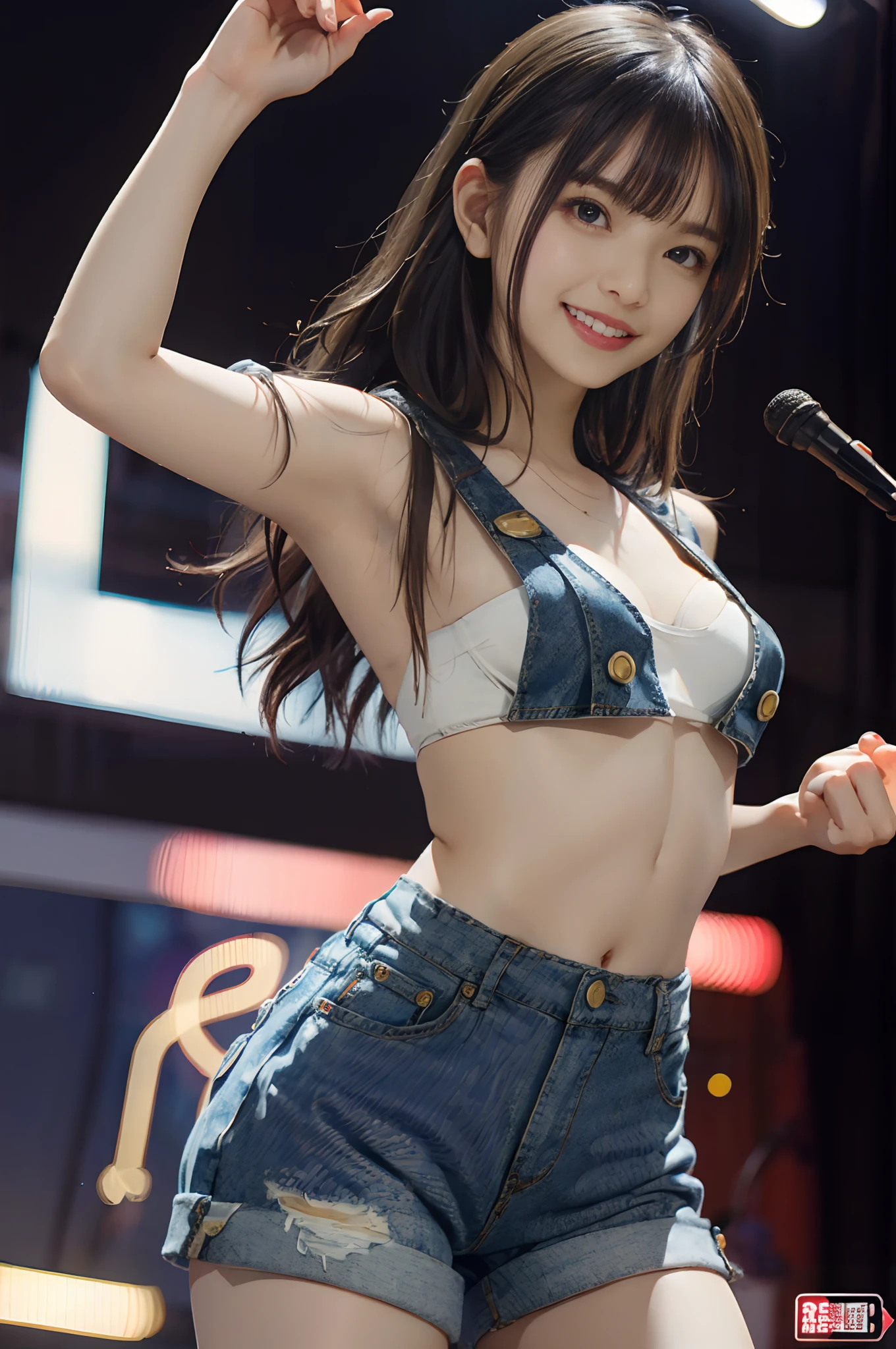 8k, top-quality, (pubic hair beauty)、hight resolution, realisticlying, realperson, Red Light District at Night、There are many signboards、The light on the sign is dazzling、Dancing in different poses on stage、The best smile、Fun and smiling、One young and beautiful girl、Reveal madness、Inviting eyes、Martial Arts Tournaments、Serious Serious Competition、denim short pants、toppless、high-heels