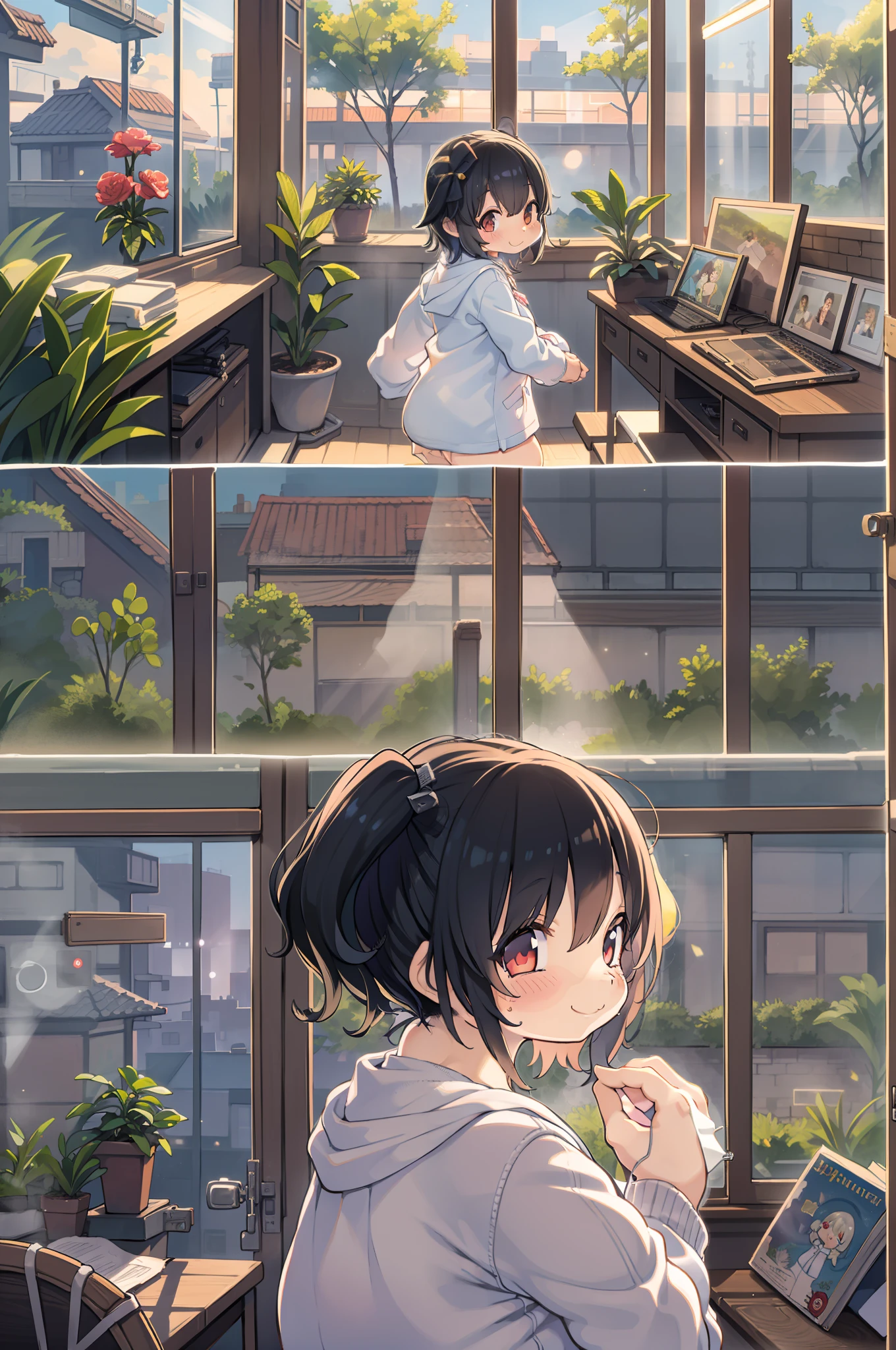 Woman carries 2 year old girl on her shoulder, The sunlight shining through the window, Short black hair, Smile, high detailing, Anime style, Ray tracing, Cinematic lighting, Chiaroscuro, symmetry, One-person viewpoint, woman (1.4), girl (1.2), Smile (1.3), Short black hair (1.2), Best Quality, 8K.huge-breasted、thick thight、big butts