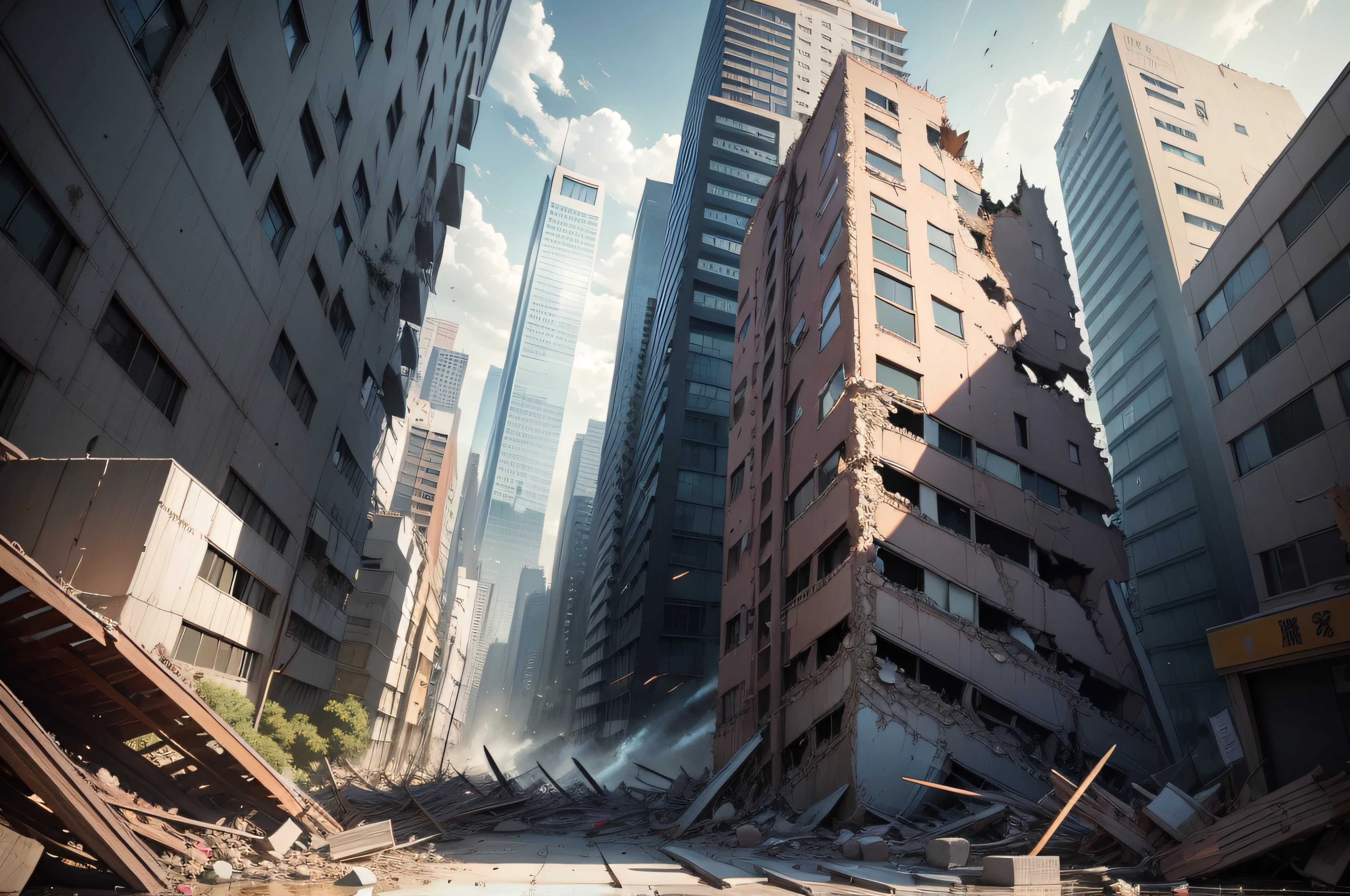 earthquakes、rubble、Rubble、Broken Bill、Broken window glass、Earthquake、Destroyed cityscape、collapse、destruction、Pile of rubble、destruction、illustratio、Manga、animesque
