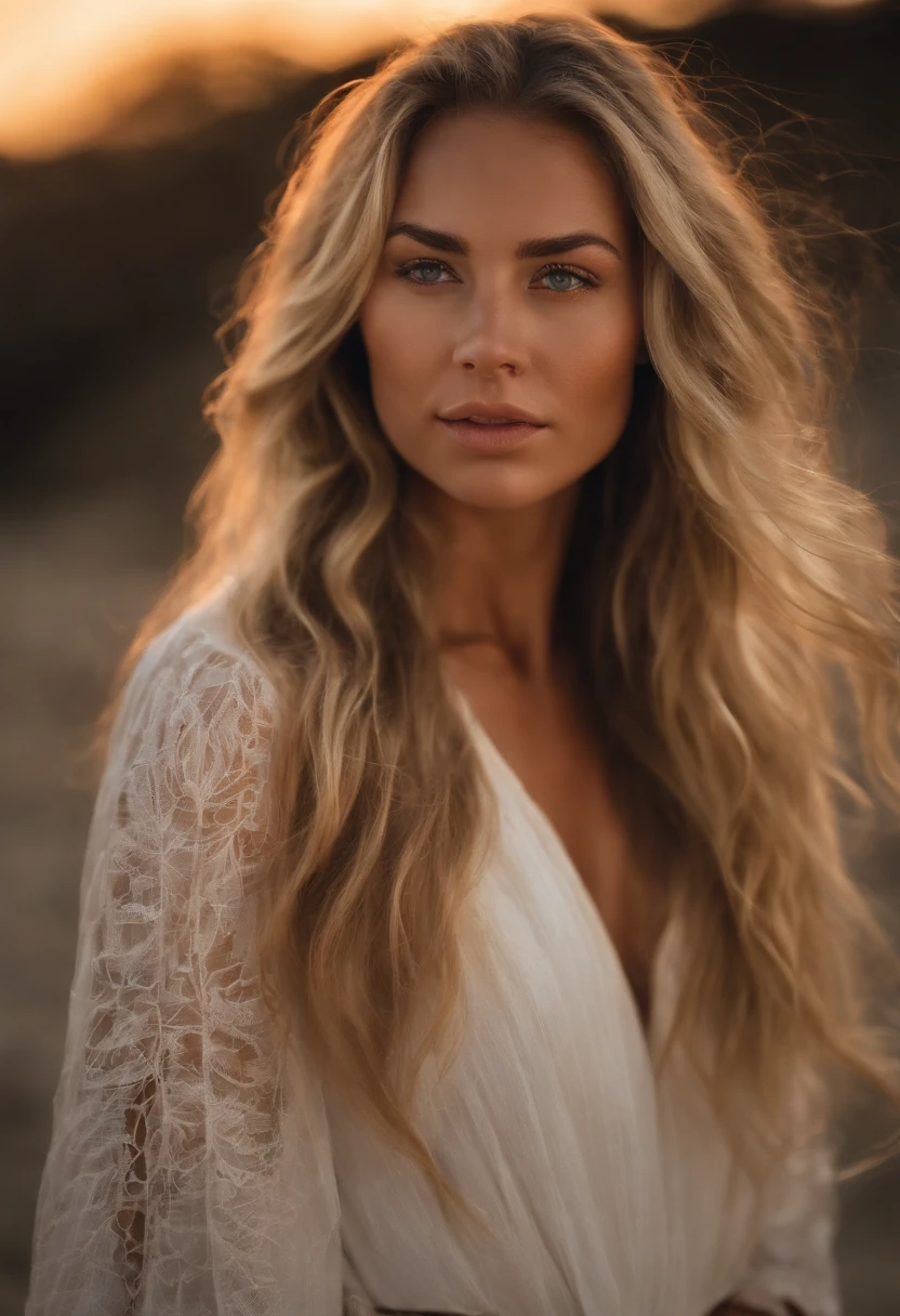Our captivating woman with extra long wavy blonde hair and mesmerizing eyes stands on a windswept beach during a vibrant sunset. Her hair dances in the breeze, and her eyes sparkle in the warm, golden light. The scene is filled with the tranquil sounds of crashing waves, creating a serene and romantic atmosphere. This prompt follows a romantic and dreamy painting style, using watercolors to capture the softness of the scene,