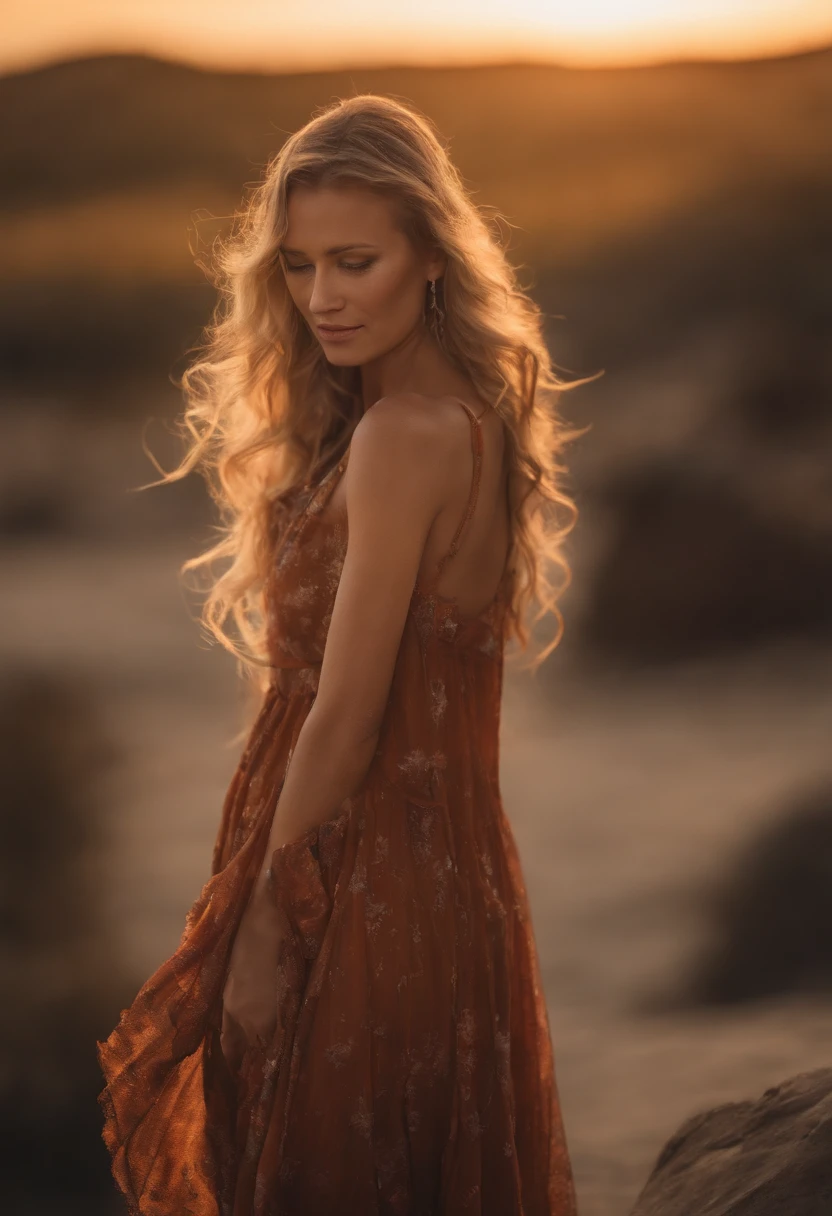 Our captivating woman with extra long wavy blonde hair and mesmerizing eyes stands on a windswept beach during a vibrant sunset. Her hair dances in the breeze, and her eyes sparkle in the warm, golden light. The scene is filled with the tranquil sounds of crashing waves, creating a serene and romantic atmosphere. This prompt follows a romantic and dreamy painting style, using watercolors to capture the softness of the scene,
