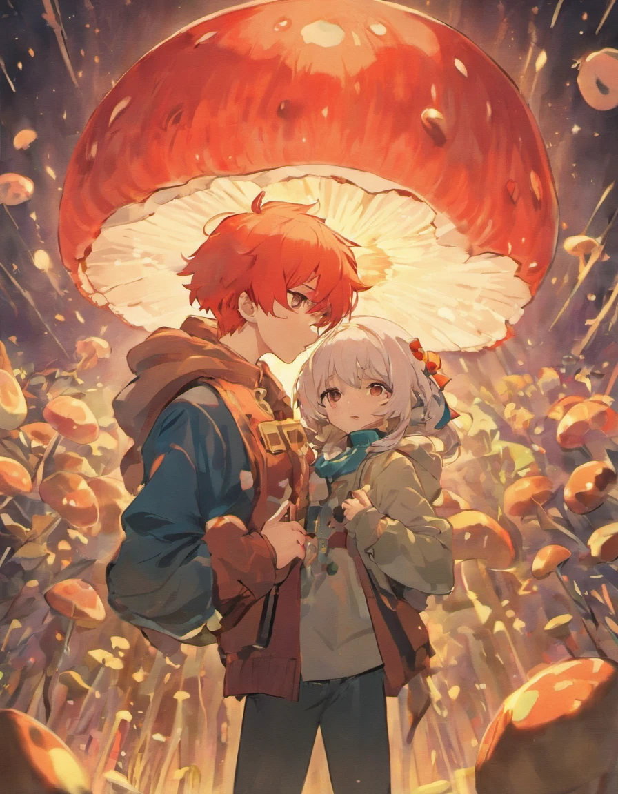 Man in a mushroom hat、Twosome、twinks、white hair、Red-haired、Shoulder to shoulder