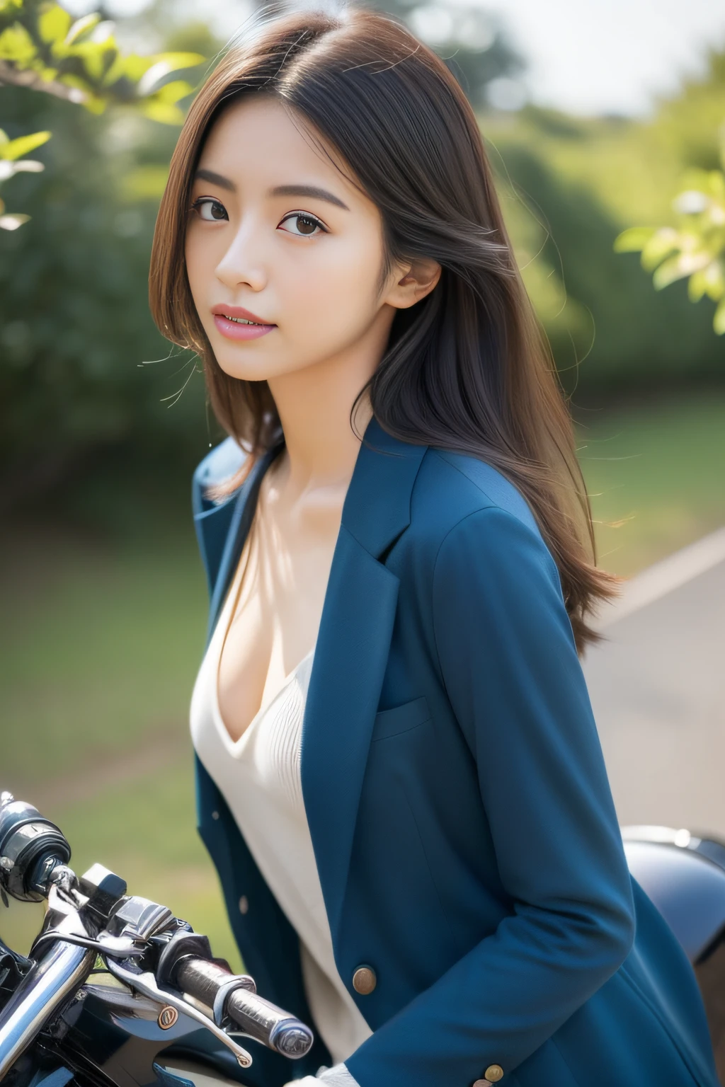 (​masterpiece、high-level image quality、hightquality)、A Japanese Lady、独奏、Rider Woman,Colossal tits:1.3、Glamour、cabelos preto e longos、Fluttering in the wind、Motorcycle Helmets、Rider Suit、motor cycle、(perfect anatomia、Beautiful limbs)、sunny sky、National、Good looks、Model-like appearance、gravure、Good looking woman、in her 20s、