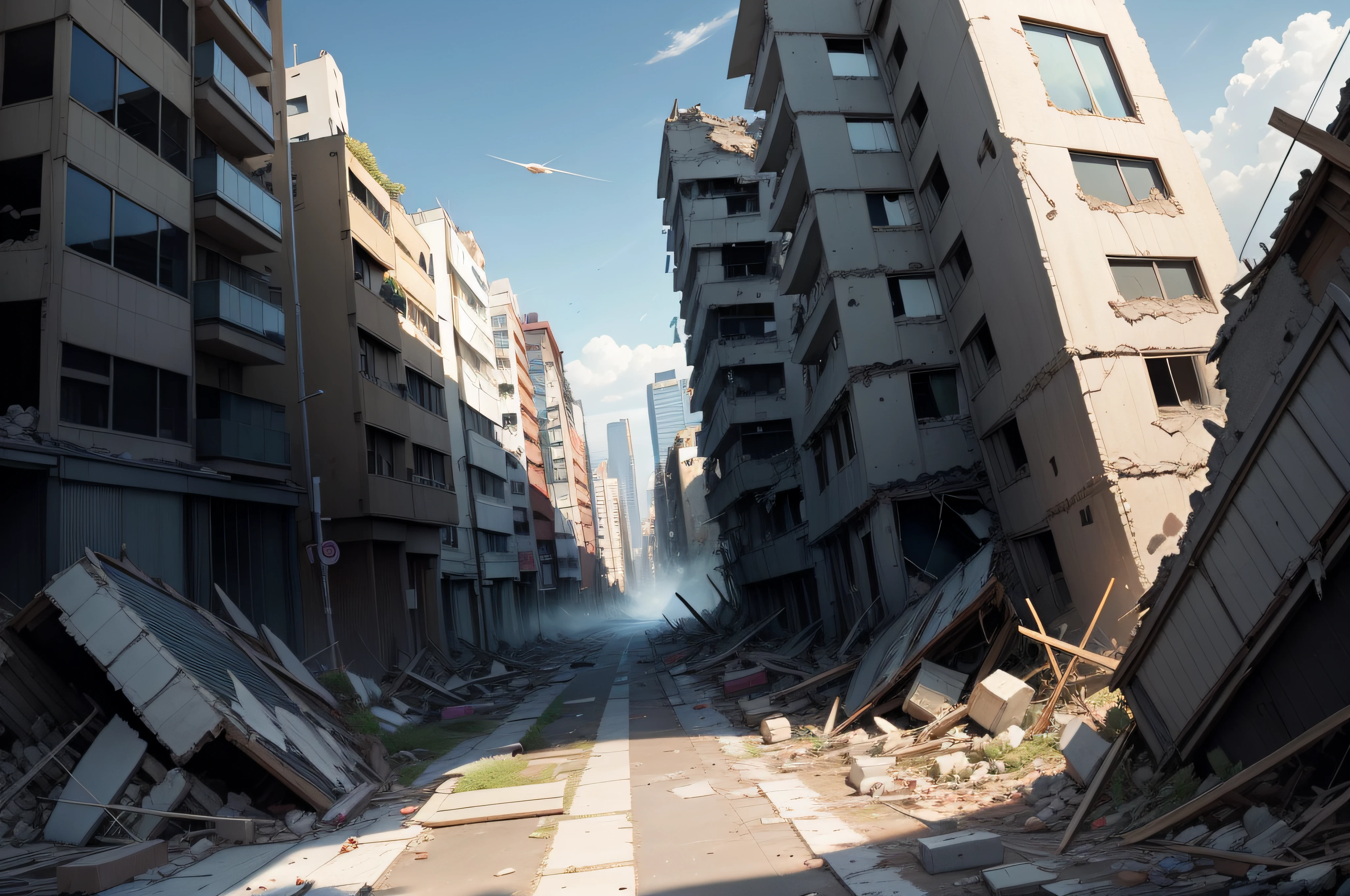 earthquakes、rubble、Rubble、Broken Bill、Broken window glass、Earthquake、Destroyed cityscape、collapse、destruction、destruction、illustratio、Manga、animesque