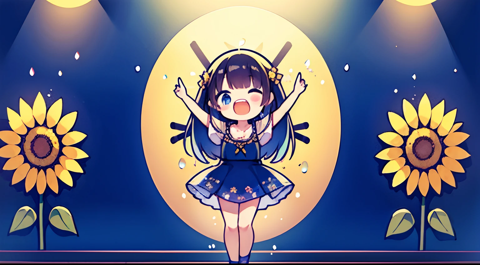 Girl standing in front of the painting、laugh face、Water droplets on the cheeks、Dance Practice、spinning、bustup、Eye Up、Flowing iridescent silk、Sunflower petals