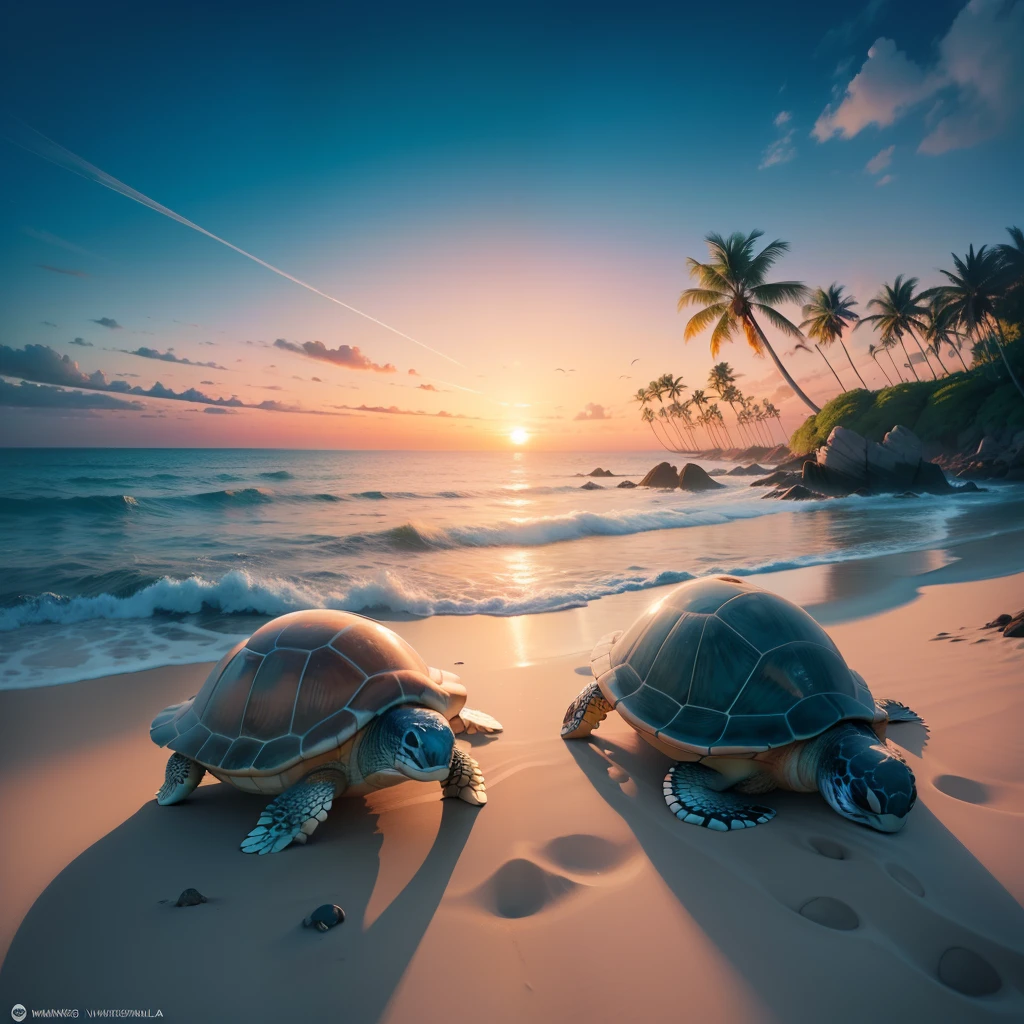 best quality,high-res,turtle,tropical beach,palm trees,sandy shore,vivid colors,crystal clear water,serene atmosphere,group of turtles,charming,relaxing,peaceful,majestic,majestic turtles,precise details,expressive eyes,detailed shells,sparkling ocean,gentle waves, sunlit landscape,warm sunlight,shimmering reflections,coastal scenery,splashing water,blending colors,moving gracefully,clear blue sky,melting sunset,photorealistic,marine life,marine creatures,serene backdrop