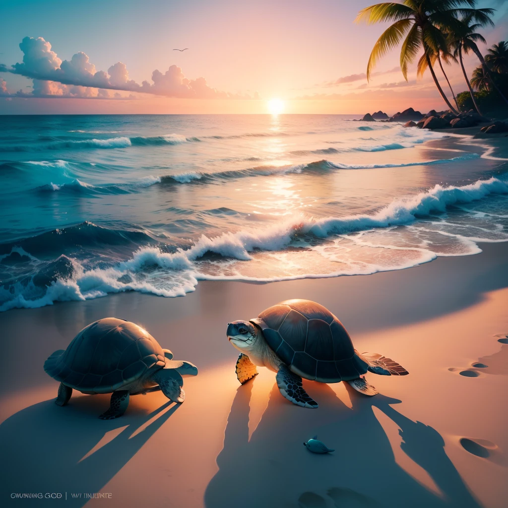 best quality,high-res,turtle,tropical beach,palm trees,sandy shore,vivid colors,crystal clear water,serene atmosphere,group of turtles,charming,relaxing,peaceful,majestic,majestic turtles,precise details,expressive eyes,detailed shells,sparkling ocean,gentle waves, sunlit landscape,warm sunlight,shimmering reflections,coastal scenery,splashing water,blending colors,moving gracefully,clear blue sky,melting sunset,photorealistic,marine life,marine creatures,serene backdrop