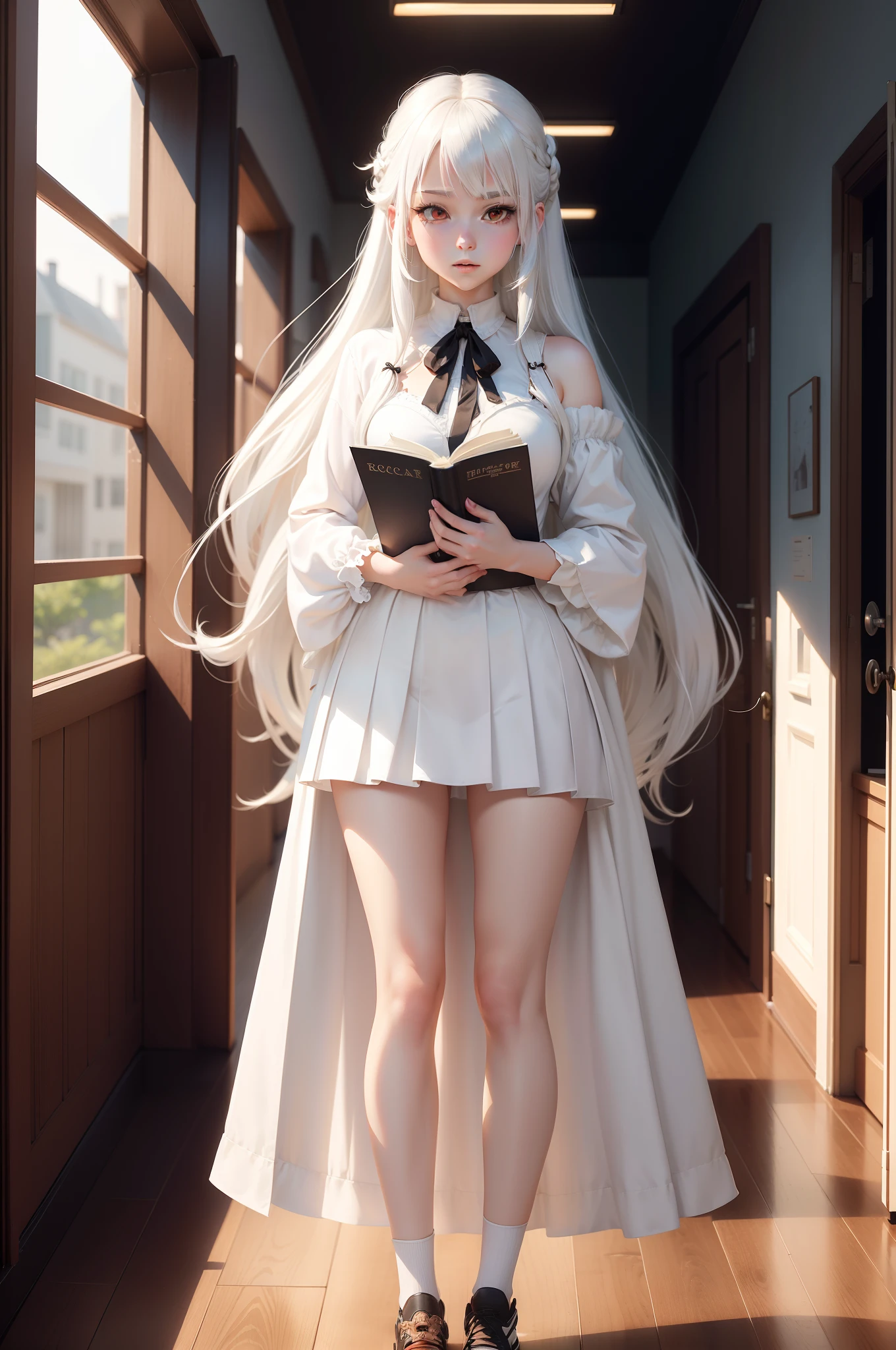 White hair, white clothes, white stockings