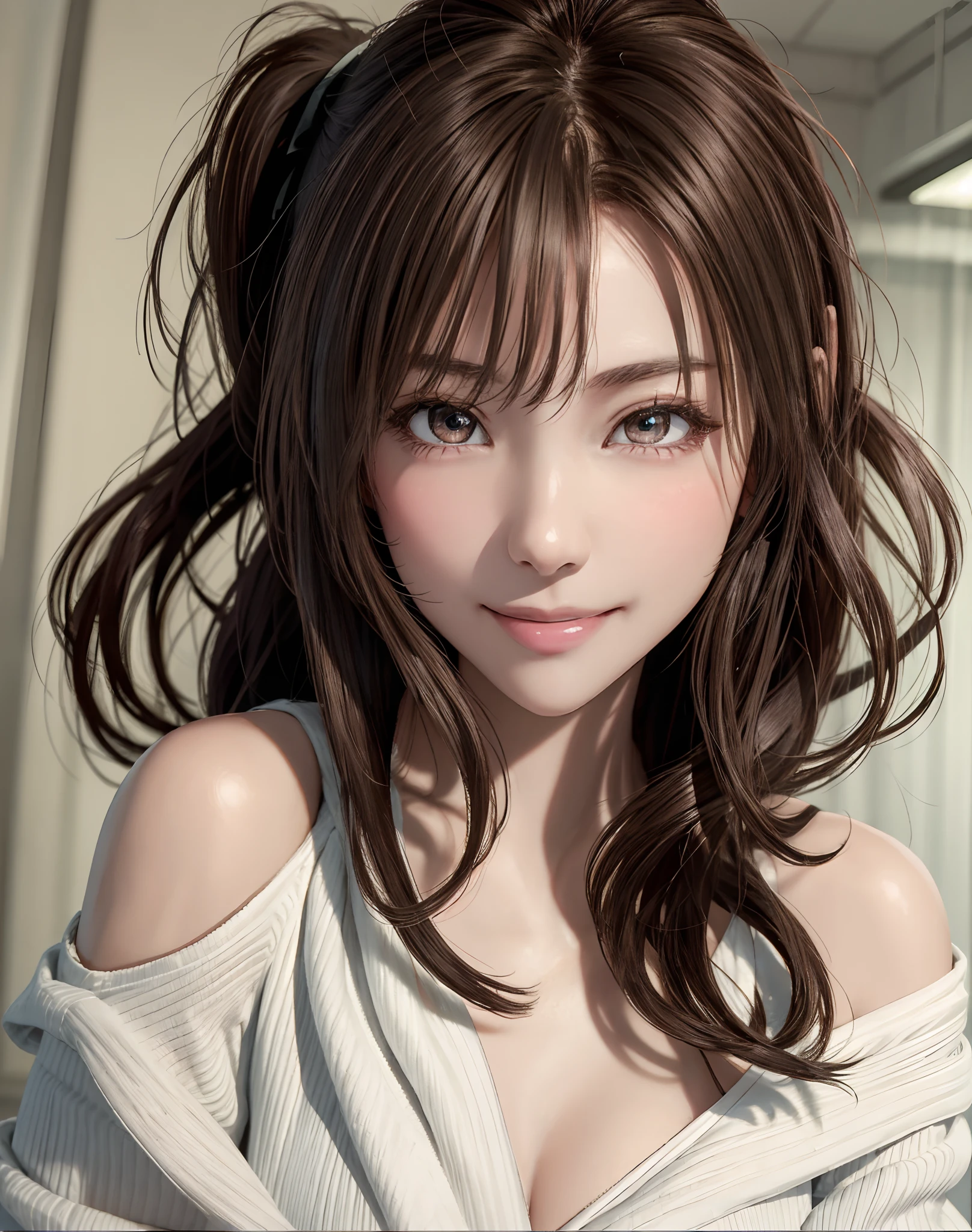 (Mastepiece:1.3), It is high resolution., Super detailed, Highly Detailed CG Unity 8k Wallpaper, Realism, photo-Realism, Raw photo, Beautiful detailed face, Light skin, Realism glistening skin, Detailed cloth texture, Detailed hair texture, Perfect Body, Beautiful face, correct, Anatomically correct, Highly detailed face and skin texture, Natural neck length, (Beautiful hands and airy skin:1.2), Slim legs, Slim legs, BREAK, Detailed eyes, Symmetrical eyes, Light brown eyes, Double eyelids, Thin eyebrows, (Glossy lips:1.4), ((Smiling Kindly, Waiting for a kiss:1.2)), (blush:1.1), BREAK, (Classy and cute girl:1.3), Large Breasts, (Slender figure:1.1), Strong abdominal muscles, Beautiful clavicle, (Blonde Hair, Wavy Hair, Long Hair:1.2), ((Asymmetrical bangs:1.2)), BREAK, ((stand in the reception area, A posture of leaning forward:1.1)),Looking at the Viewer