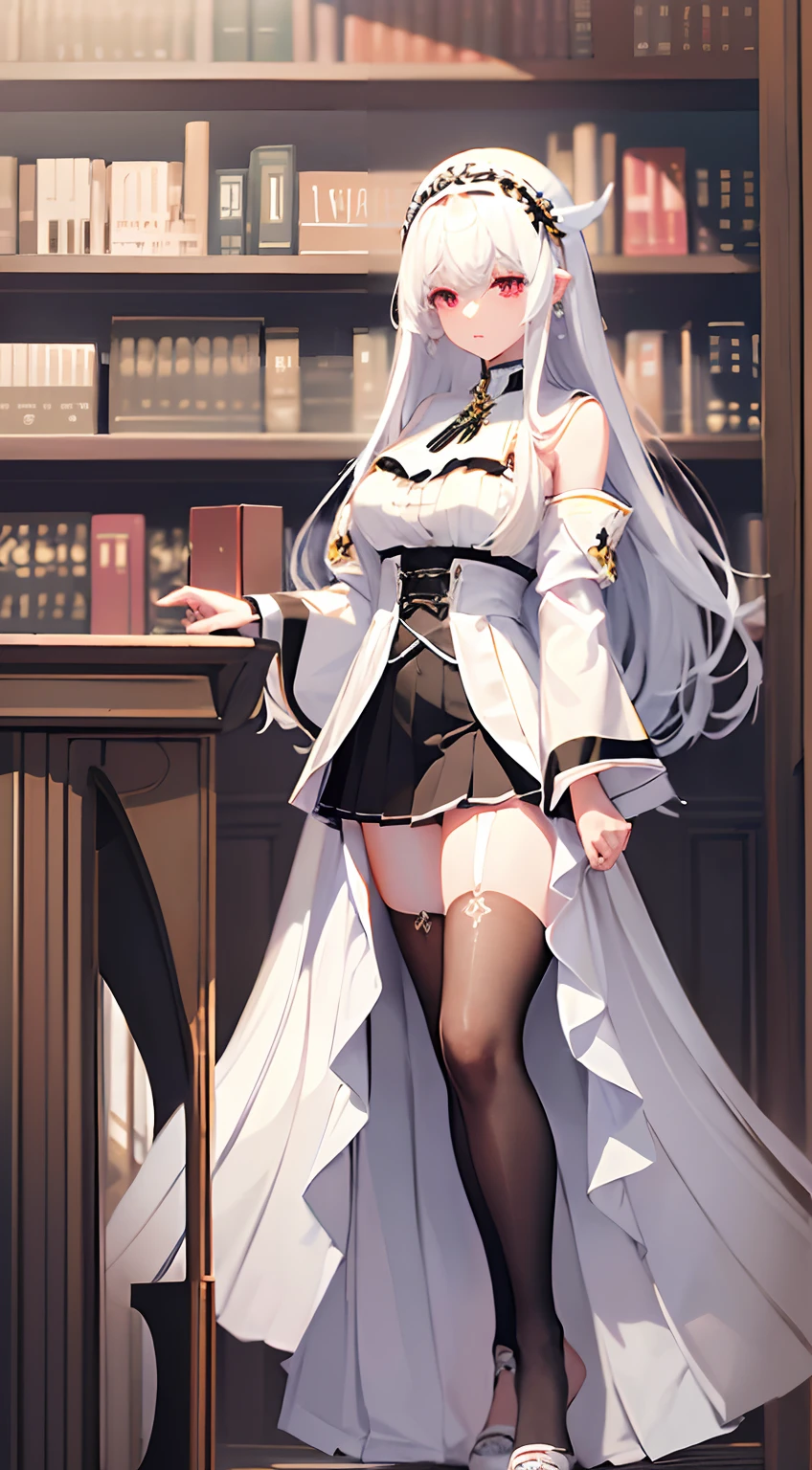 Beautiful illustration、top-quality、Beautiful girl、White color hair、long whitr hair、(((Black pleated skirt)))、(((long white robe)))、short- sleeved、Poor milk、red eyes、in library、Lovely thighs、glowing thigh、Fine hair、Exquisite headdress、face expressionless、Crop topping、cropped shoulders、Suspender stockings，White windbreaker