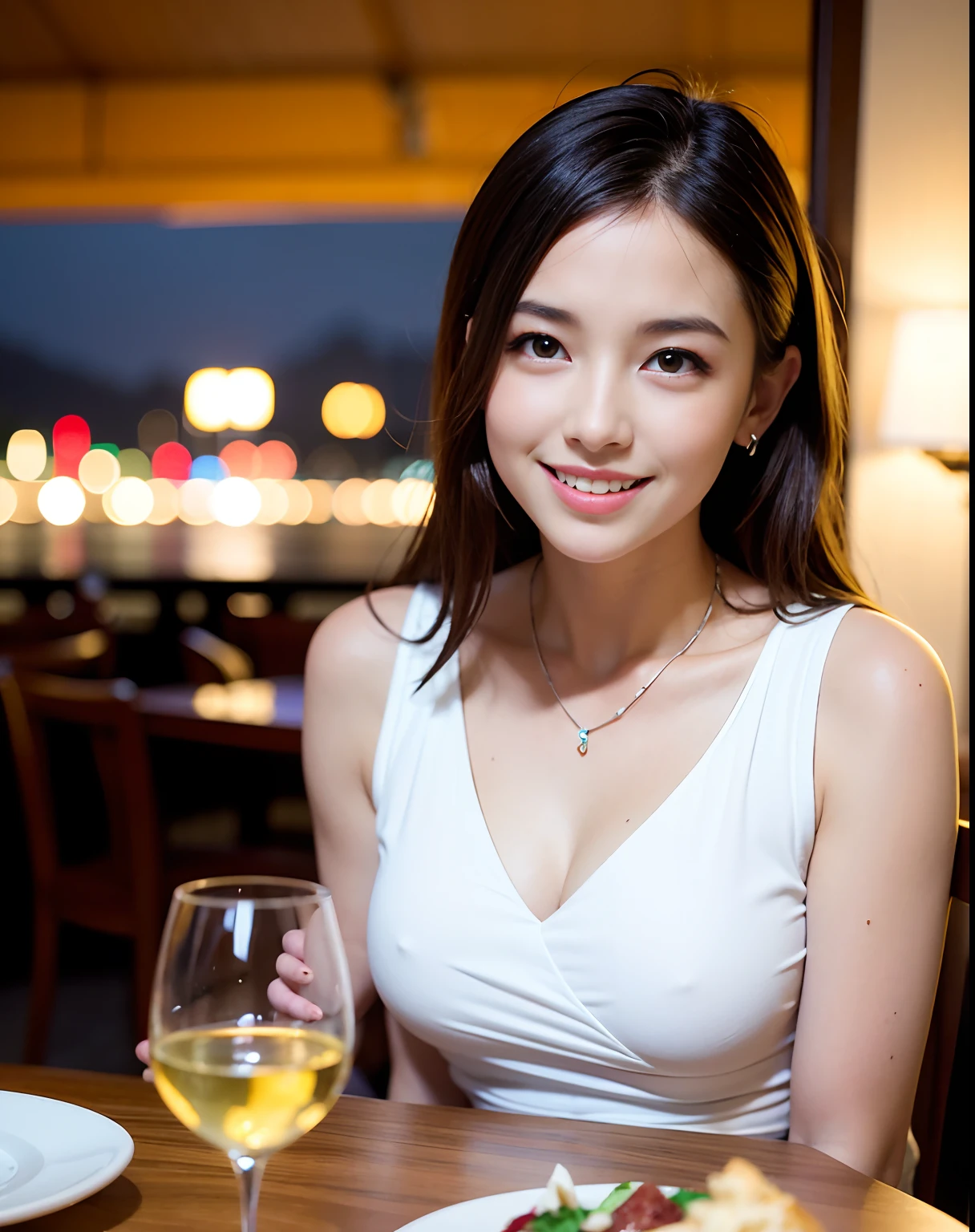 (64K, UHD, top quality, masterpiece: 1.2), (realistic, photorealistic: 1.37), super detailed, pretty woman 1 person, (slim face), (slim body), (brown hair), (short cut), cheeks slightly blushing, (44 years old), 38 years old, solo, beautiful detailed urban night view outside the window, restaurant, wine glasses sit, at night, in a prominent placeNovaFrogStyle, Actress, Model, Waist Up, White Wine, Slim, Wine Glass, Super Clean Night View, Wine Glass Put in the Middle, Happy Smile, (Smile: 1.15), Beautiful Fine Eyes, Upper Body, Bust Japan Up, Night, Short, Short, Actress, Model, Waist Up, White Wine, Slim, Wine Glass, Super Clean Night View, Wine Glass Put in the Middle, Happy Smile,