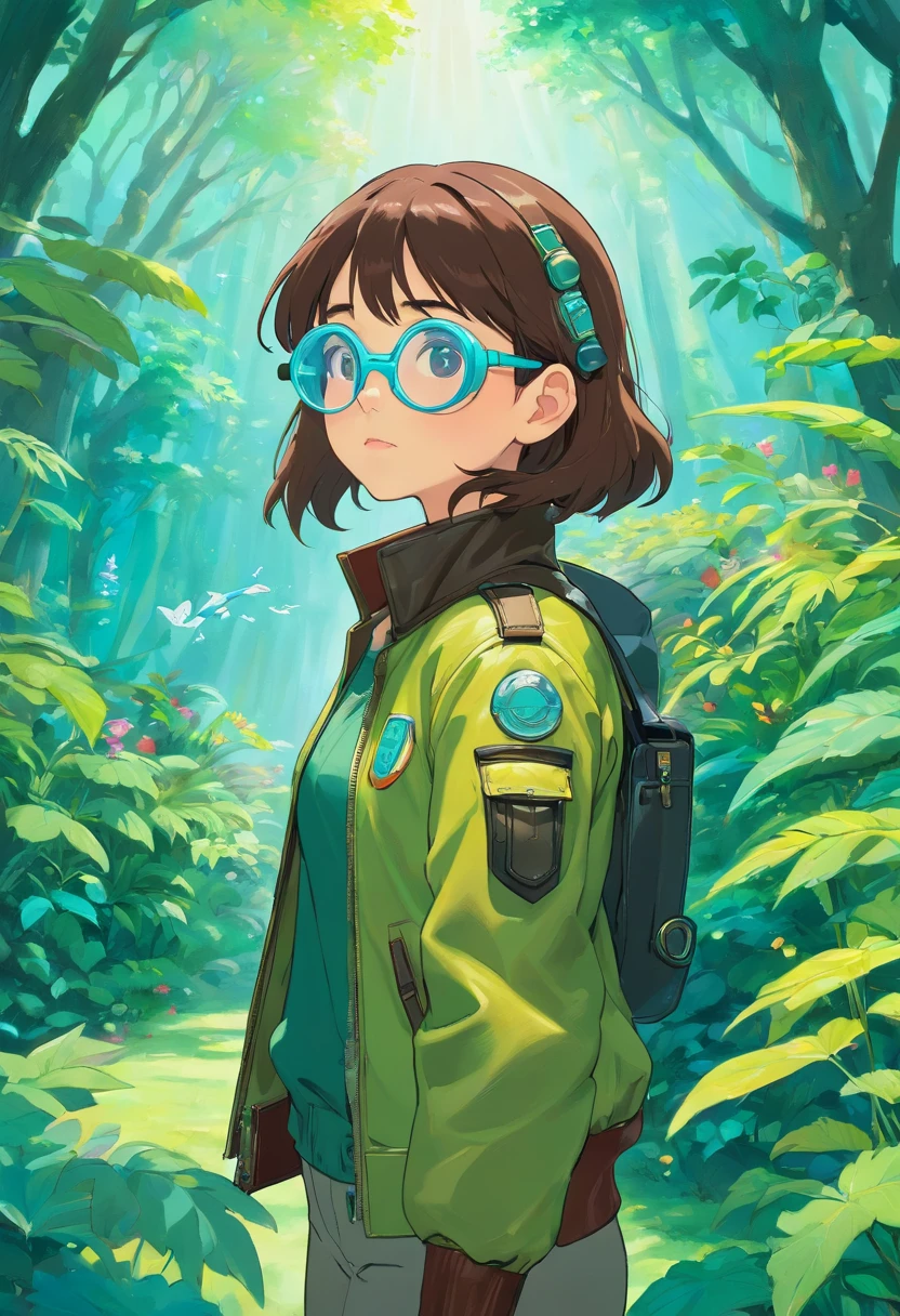 a girl wearing a leather pilot jacket, pilot goggles, in the style of tranquil gardenscapes, colorful animation stills, masami teraoka, aquamarine, paul gauguin, Embry style, honest portrayal