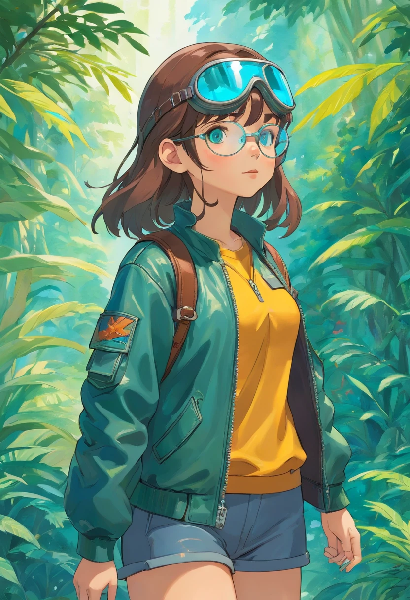 a girl wearing a leather pilot jacket, pilot goggles, in the style of tranquil gardenscapes, colorful animation stills, masami teraoka, aquamarine, paul gauguin, Embry style, honest portrayal