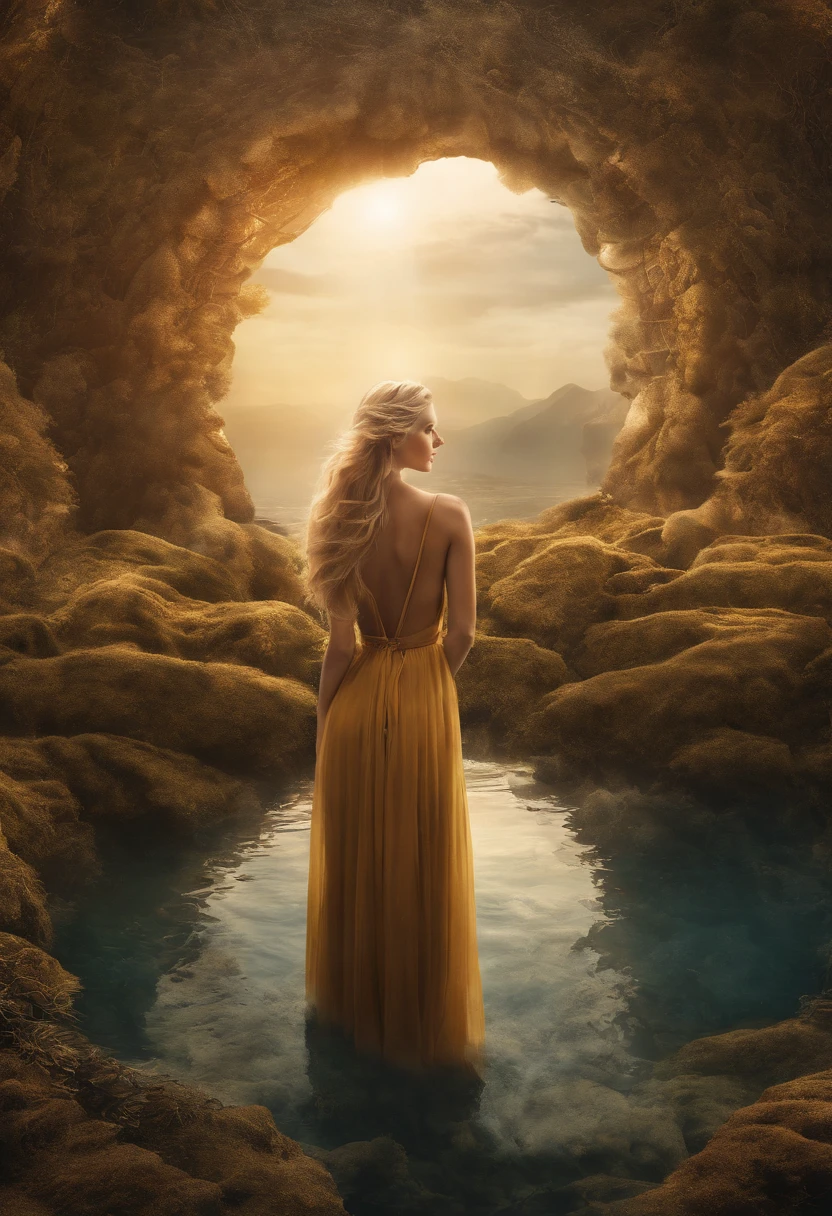 In a surreal, fantastical world, our stunning woman with extra long wavy blonde hair possesses eyes that seem to hold the secrets of the universe. She stands amidst floating islands in the sky, her hair cascading like a waterfall of gold. The atmosphere is otherworldly, with a sense of magic and wonder. This prompt is executed in a highly detailed digital art style, combining realism with fantasy elements, using a wide-angle lens (24mm) to capture the grandeur of the scene,