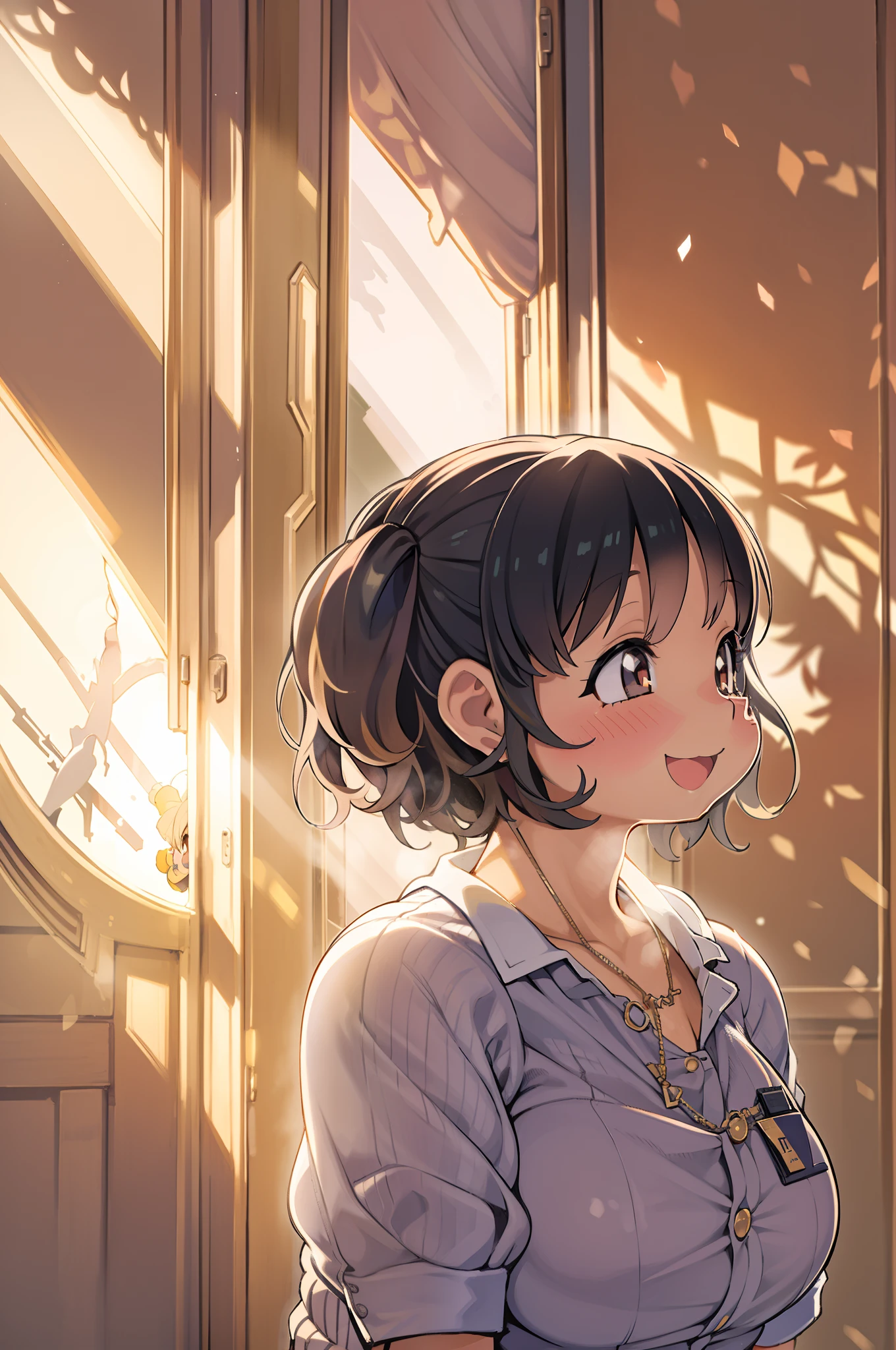 Woman carries 2 year old girl on her shoulder, The sunlight shining through the window, Short black hair, Smile, high detailing, Anime style, Ray tracing, Cinematic lighting, Chiaroscuro, symmetry, One-person viewpoint, woman (1.4), girl (1.2), Smile (1.3), Short black hair (1.2), Best Quality, 8K.huge-breasted、thick thight、big butts