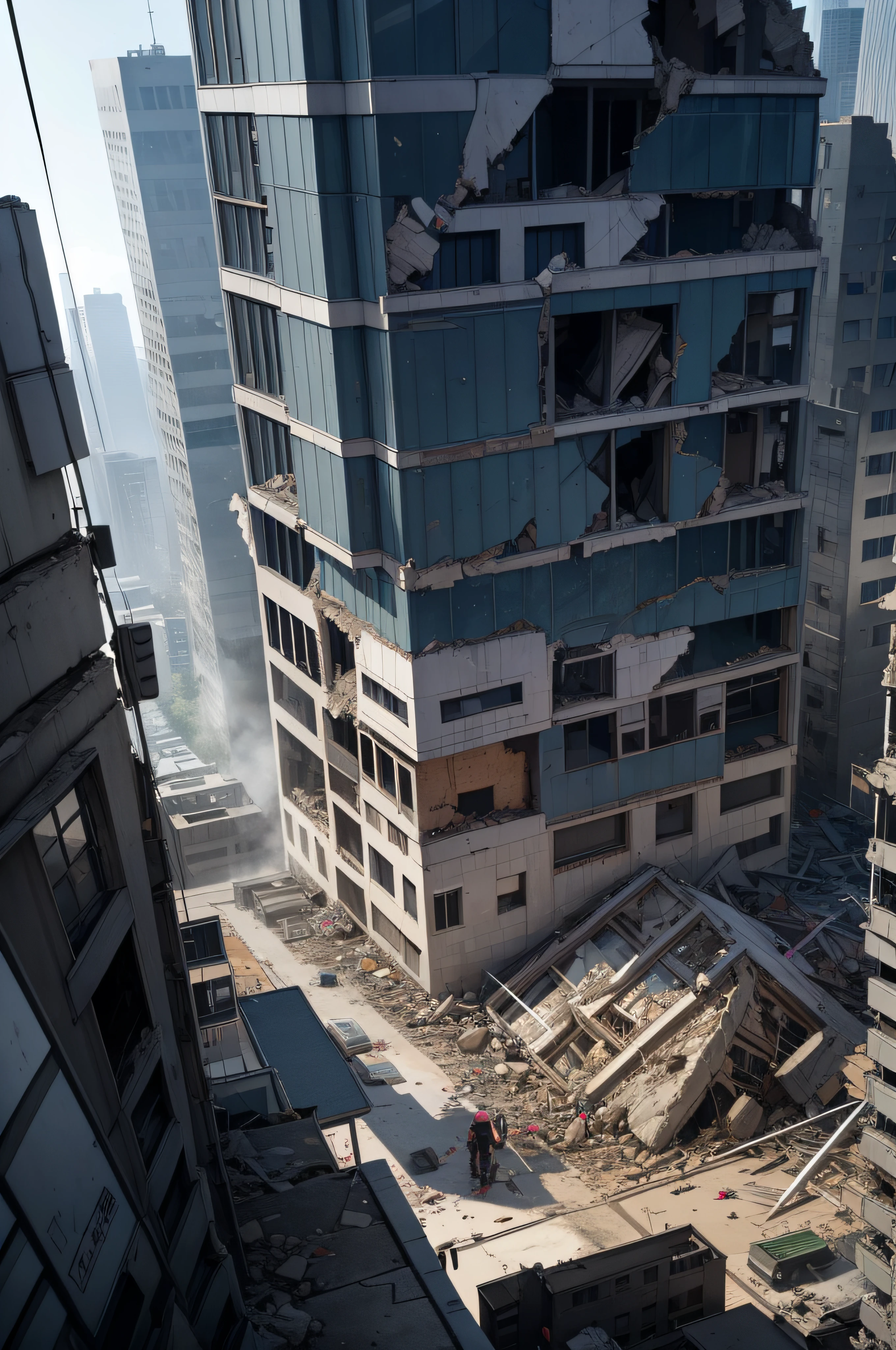 earthquakes、rubble、Rubble、Broken Bill、Broken window glass、Earthquake、Destroyed cityscape、collapse、destruction、Pile of rubble、destruction、illustratio、Manga、animesque