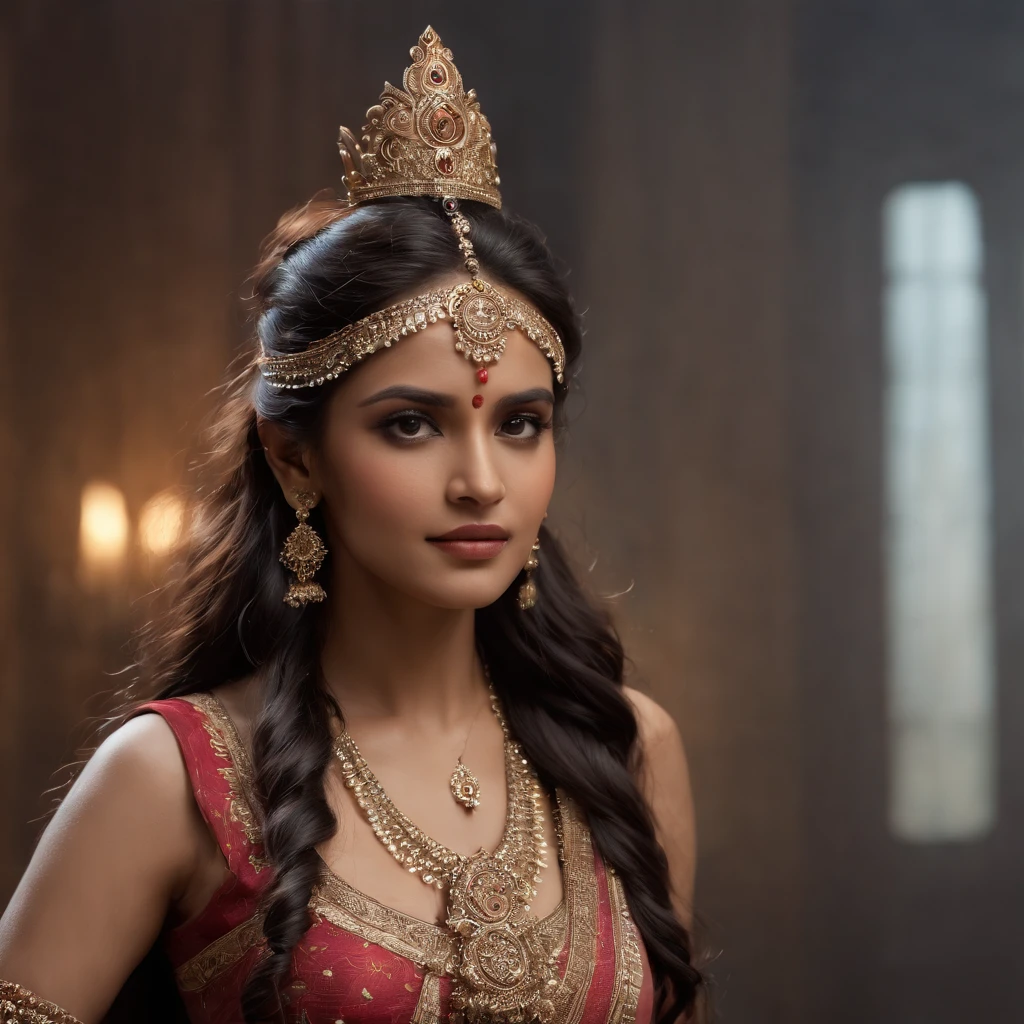 Best quality, Masterpiece, 超高分辨率, (photograph realistic:1.4), full body Indian cybernetic humanoid goddess ,surrealism, Dream-like, fusionart, Indian goddess mystical humanoids, dark ethereal magic, humanoid dream control, cybernetic stealth, shadow step, dark machine spells, crystal razor blade