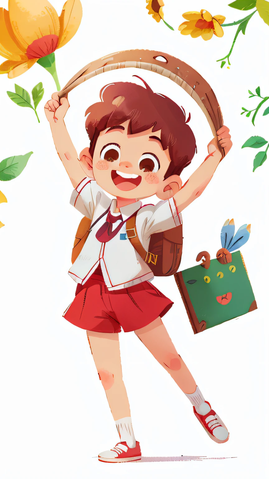 happy smiling Boy students is standing holding a beautiful picture frame above her head, full body ((white background))
