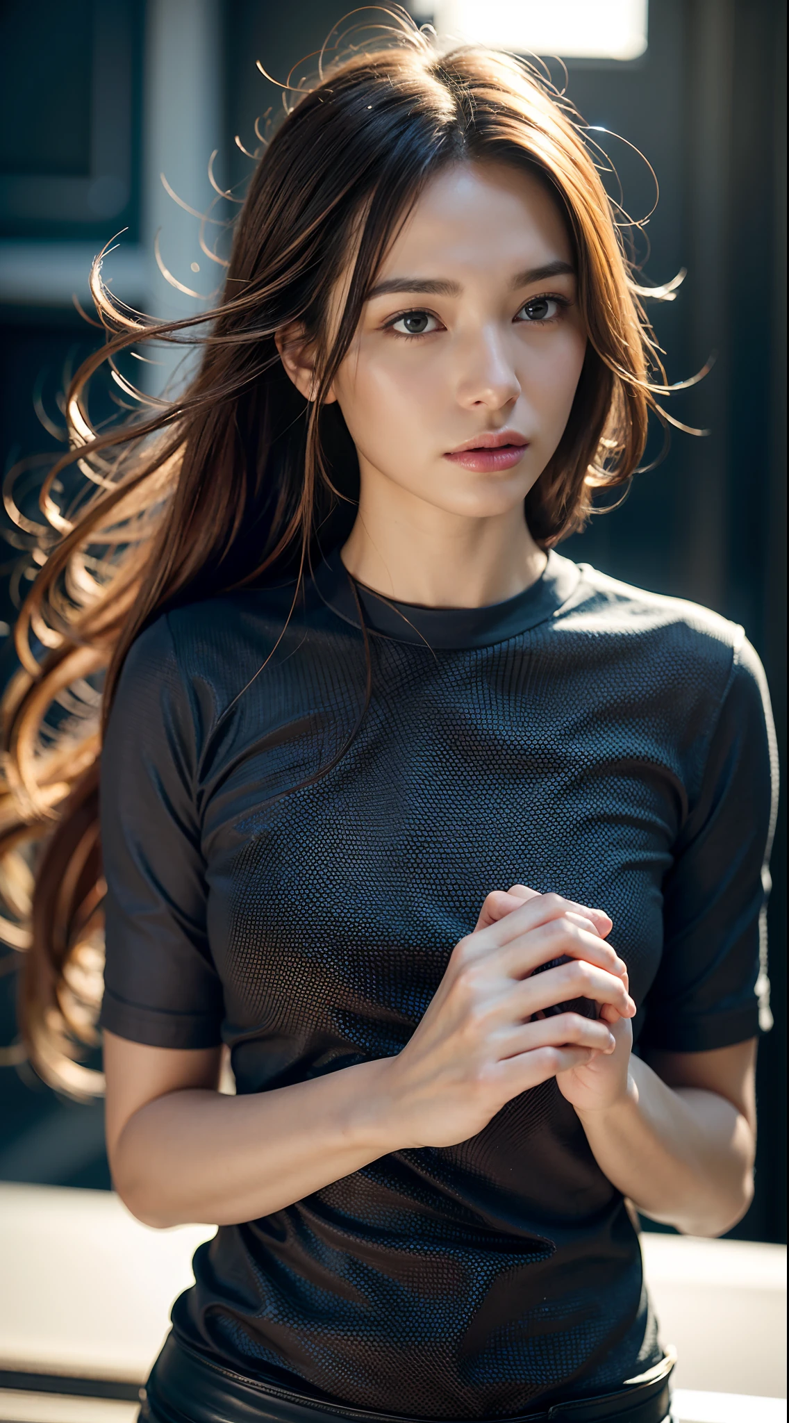 dressed, (photo realistic:1.4), (hyper realistic:1.4), (realistic:1.3), (smoother lighting:1.05), (increase cinematic lighting quality:0.9), 32K, 1girl,20yo girl, realistic lighting, backlighting, light on face, ray trace, (brightening light:1.2), (Increase quality:1.4), (best quality real texture skin:1.4), finely detailed eyes, finely detailed face, finely quality eyes, (tired and sleepy and satisfied:0.0), face closeup, t-shirts, (Increase body line mood:1.1), (Increase skin texture beauty:1.1)