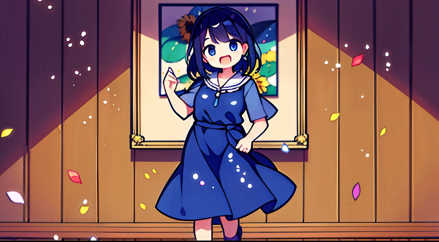 Girl standing in front of the painting、laugh face、Water droplets on the cheeks、Dance Practice、spinning、bustup、Eye Up、Flowing iridescent silk、Sunflower petals