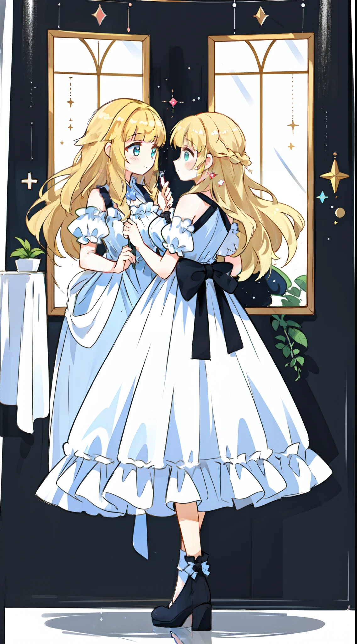 1 girl in、Princess　A Princess　((full bodyesbian、Standing picture:1.2))、Soft　Good style best quality(Highest Quality) , High quality(hiquality)　Soft hair　shuicolor　Fluffy dress blonde　Hair tied in two, The whole body is reflected, Very delicate tone and good atmosphere