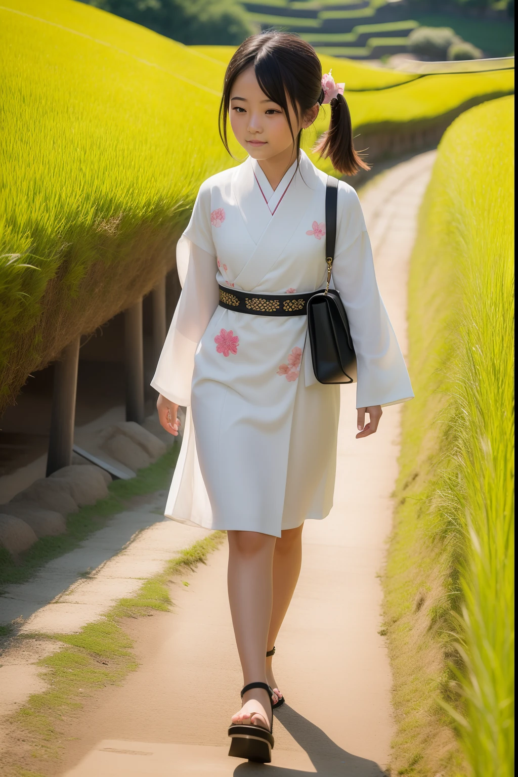 a young girl strolling through Japanese terraced rice fields, adorned in luxurious high-end fashion