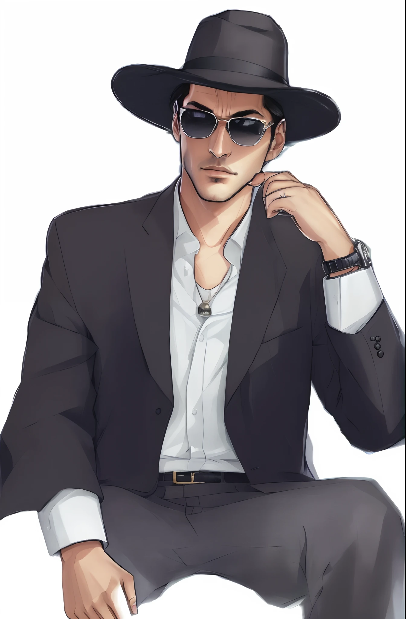 Man in suit and hat sits, Handsome stunning realistic, digital art of an elegant, anime handsome guy, Handsome Anime Pose, high quality portrait, Handsome man, character full body portrait, Jotaro Kujo, official character illustration, full-body character portrait, Commission for high resolution, high quality fan art, official fan art, 2d portrait,GTA 6 Design