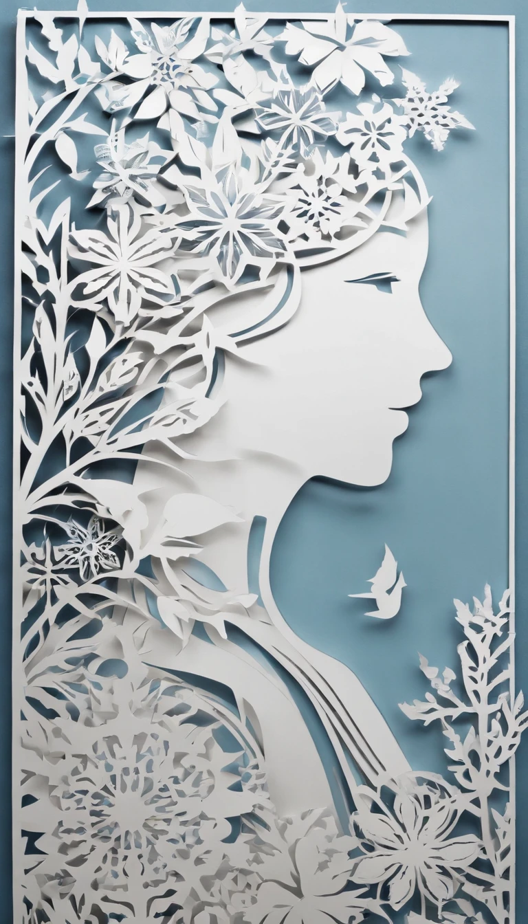 (Silhouette Art,cutouts:1.6)
(((Paper cutting art,A world where only black exists:1.3)

(Cowboy Shot),1 girl,Solo,
(Kimono Girl,profile:1.2),white, Clear and beautiful face,

BREAK
(Light blue snowflakes)
Textured glass background,