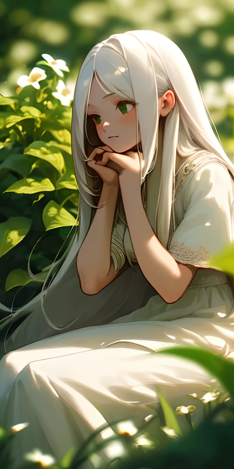 (masterpiece, best quality),1girl with long white hair sitting in a field of green plants and flowers, her hand under her chin, warm lighting, white dress, blurry foreground