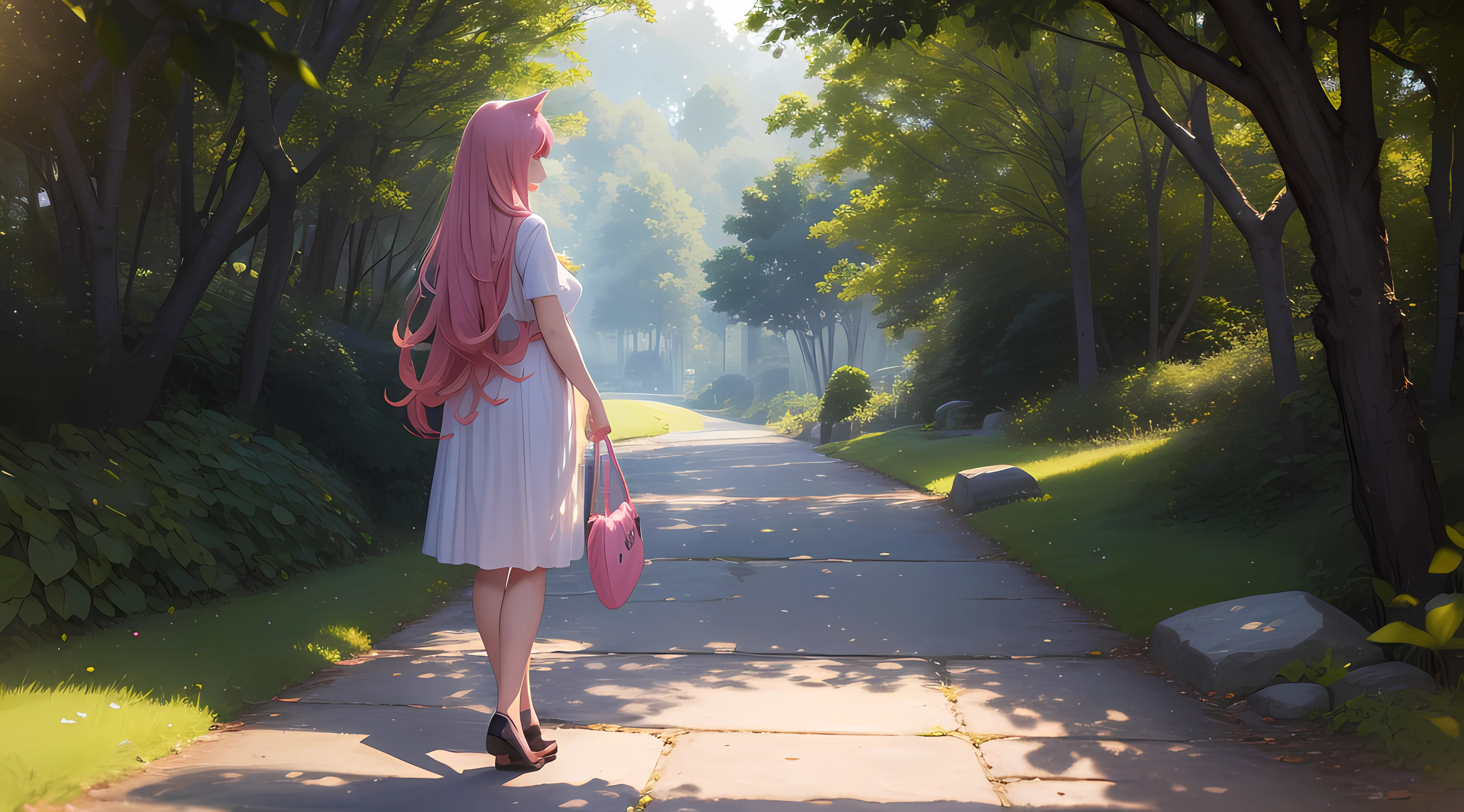(Masterpiece:1.3), (Best quality:1.3),cat ear,Pink Long Hair,Mother holding her daughter,ln the forest,Lakeside stone path,taking a walk,