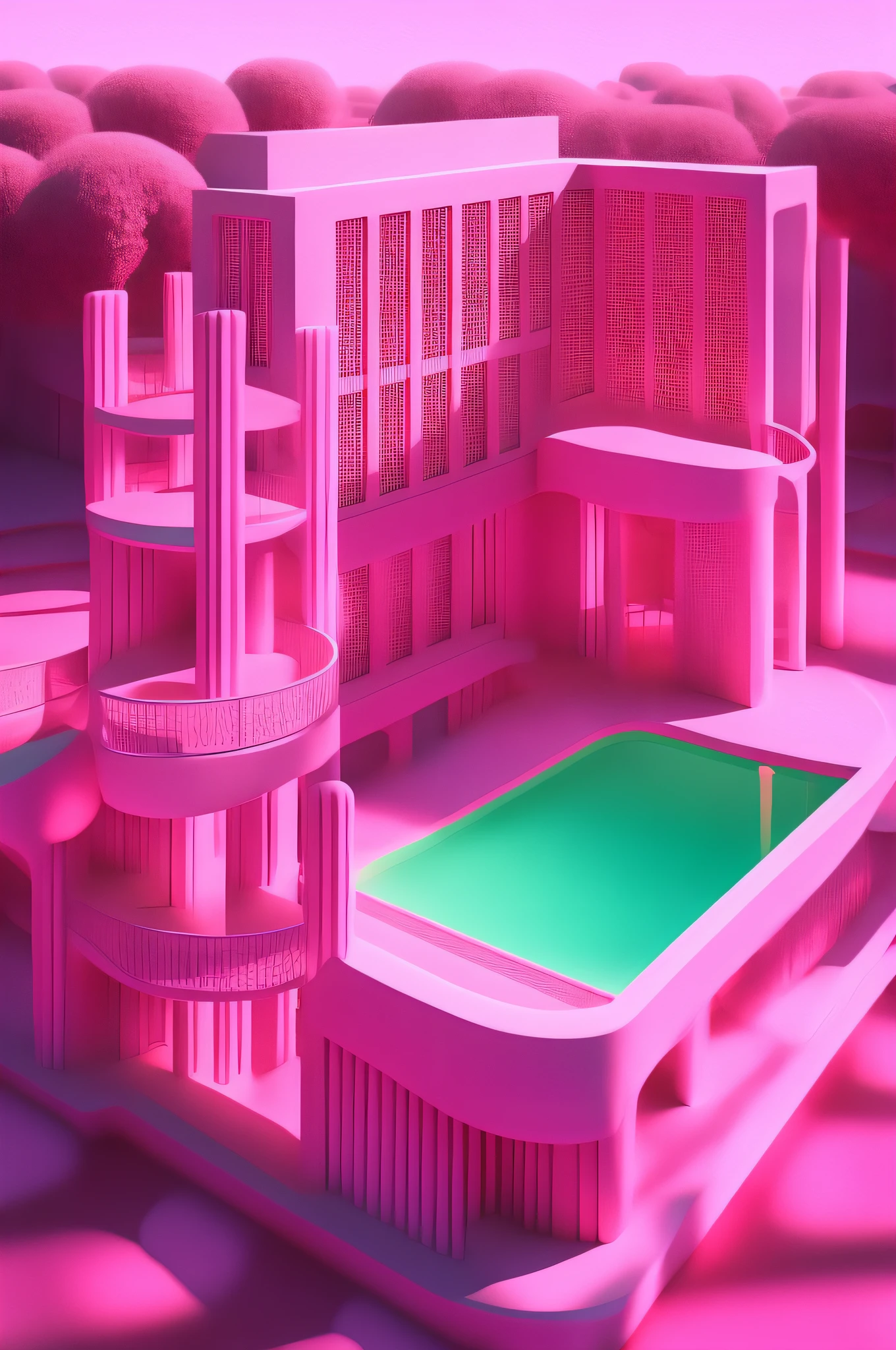 There is a pink building with a pool in the middle, the walls are pink, Normal Map, rendered in pov - ray, 3D rendered in octane rating, Octane-rendered 3D, Inspired by Ricardo Bofill, Pink Arch, Volumetric rendering, Linear vapor wave, rendered in cinema 4 d, rendered in cinema4d