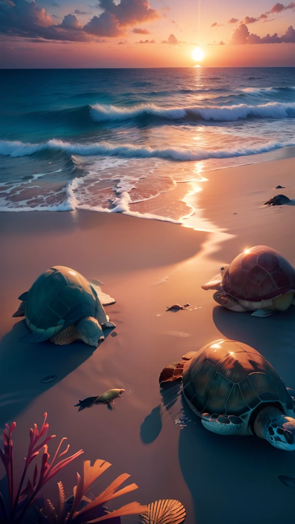 best quality,high-res,turtle,tropical beach,palm trees,sandy shore,vivid colors,crystal clear water,serene atmosphere,group of turtles,charming,relaxing,peaceful,majestic,majestic turtles,precise details,expressive eyes,detailed shells,sparkling ocean,gentle waves, sunlit landscape,warm sunlight,shimmering reflections,coastal scenery,splashing water,blending colors,moving gracefully,clear blue sky,melting sunset,photorealistic,marine life,marine creatures,serene backdrop