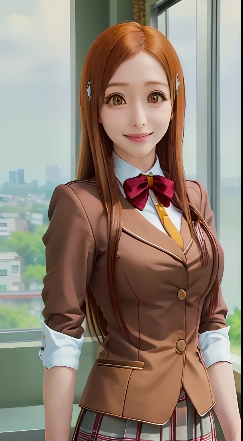 Orihime, solo, school uniform, in the school, hair ornament, smile,