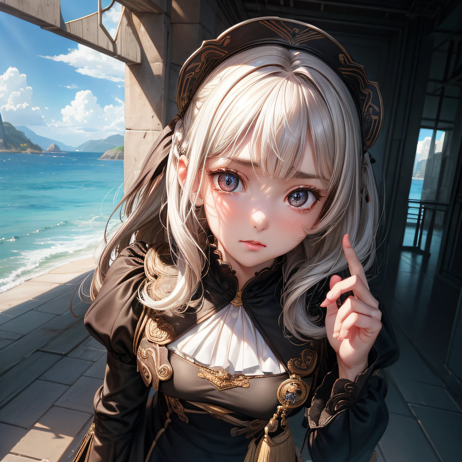 (dark brown eyes)、white hair、Create images with a sense of depth and three-dimensionality,(1womanl:1.2),onimous, Analog 150mm lens、Beautiful Natural Soft Rim Light、high quality texture, Intricate details, Detailed texture, high detailing, extremely details CG, high quality shadow, realistic representation of face, Detailed beautiful delicate face, Detailed beautiful delicate eyes, brown eye pupil, A perfectly proportioned face, depth of fields, Cinematic Light, Lens Flare, Ray tracing,Perspective,20s, a prominent nose, Tall Girl, (Big eyes:1.2),Blushing cheeks, Perfect body,(Narrow waist:1.3),(Dutch Angle,Good anatomy,Dynamic Pose), Most Beautiful Form of Chaos, Elegant, a brutalist designed, vivd colour, romanticism, by james jean, roby dwi antono, by Ross Tran, Francis Bacon, michal mraz, Adrian Ghenny, petra cortright, Gerhard Richter, Takato Yamamoto, Ashley Wood, Atmospheric, Being in the sea,water bubbles、waterface,Simsborg