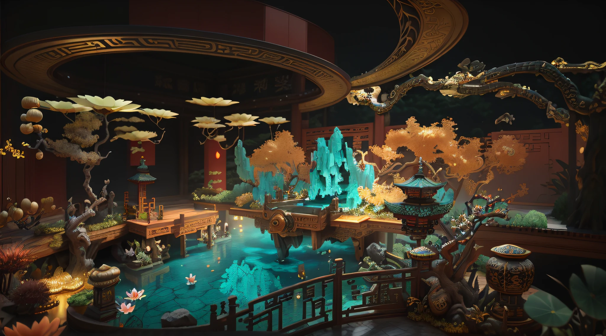 Beautiful rendering of the Tang Dynasty, highly detailed surreal vfx, intricate ornate anime cgi style, japonisme 3 d 8 k ultra detailed, highly detailed vfx scene, Features a miniature indoor lake, Chinese fantasy, fantasy style 8 k octane render, a chinese wedding，There are lotus flowers in the pool，bru，