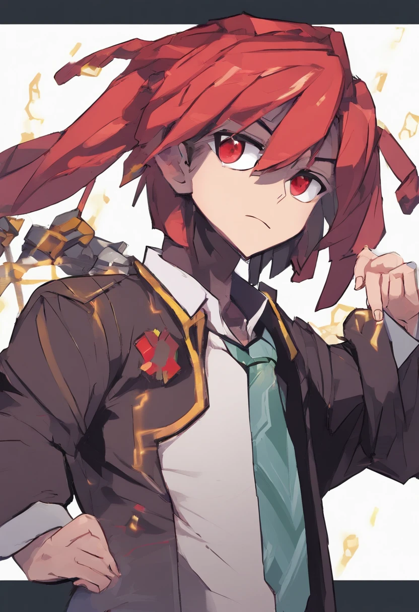 masutepiece, Best Quality, Diluk (GenshinImpact), 1boy, Male Focus, Red hair, Red Eyes, Long hair, Solo, Simple background, White background, hair between eye, Bangs, Closed mouth, Ponytail, spark of light, Looking at Viewer, Antenna Hair, cropped shoulders, Shirt, Jacket, Portrait, Black shirt, neck tie, Collared shirt