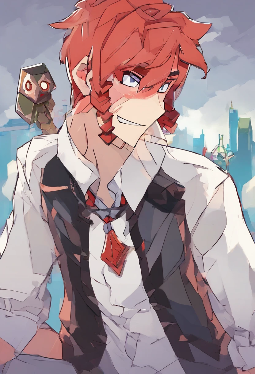 masutepiece, Best Quality, Diluk (GenshinImpact), 1boy, Male Focus, Red hair, Red Eyes, Long hair, Solo, Simple background, White background, hair between eye, Bangs, Closed mouth, Ponytail, spark of light, Looking at Viewer, Antenna Hair, cropped shoulders, Shirt, Jacket, Portrait, Black shirt, neck tie, Collared shirt