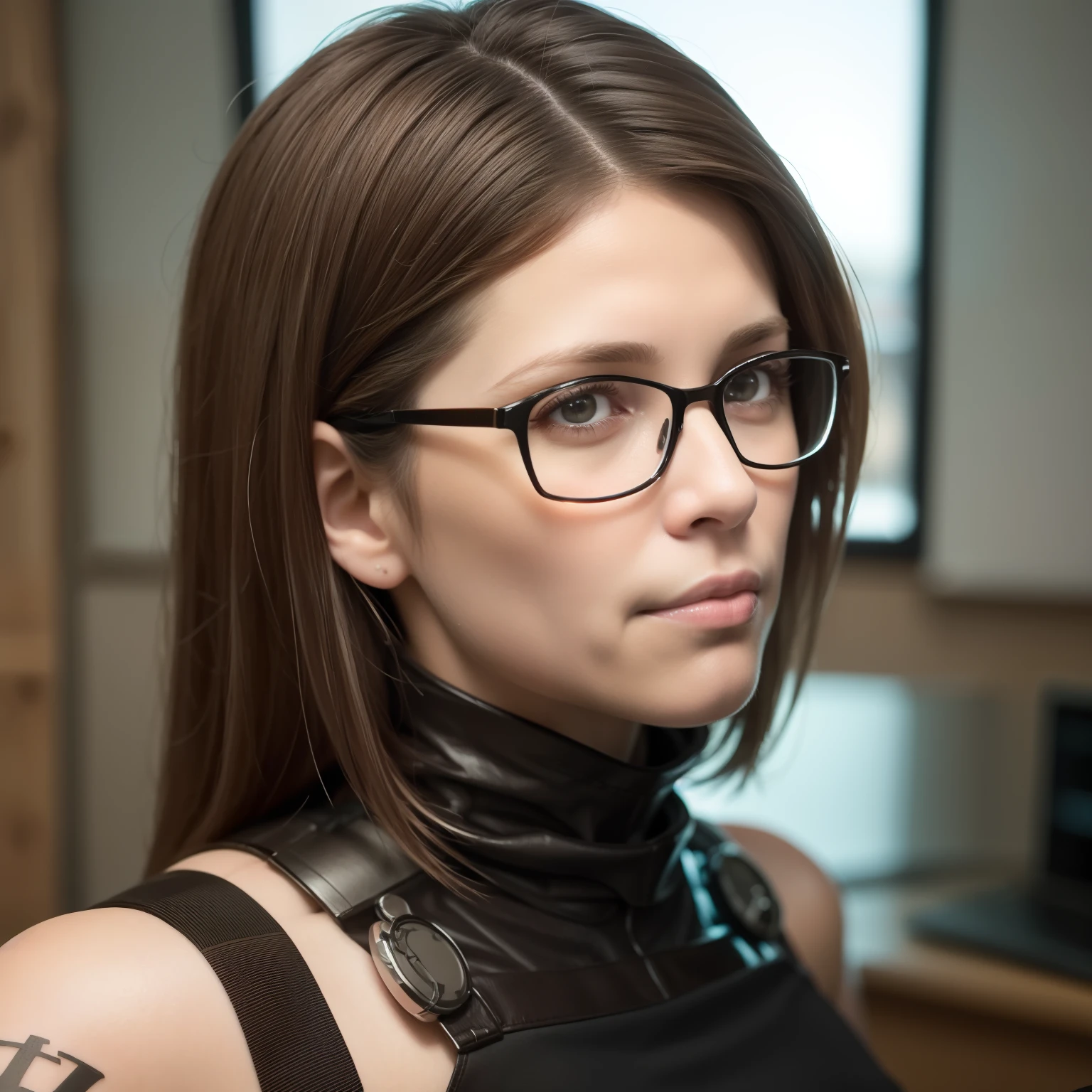 (cyberpunk military scientist:1) (1woman) dark theme :: focus on closeup face, curious face, Katee Sackhoff face, ultra realistic futuristic cyberpunk tall athletic woman, :: medium brown hair, futuristic glasses nerd :: inside cyberpunk office :: brown eyes :: natural lighting :: bokeh :: 8k :: best quality :: masterpiece :: insanely detailed:1.5, tattoo