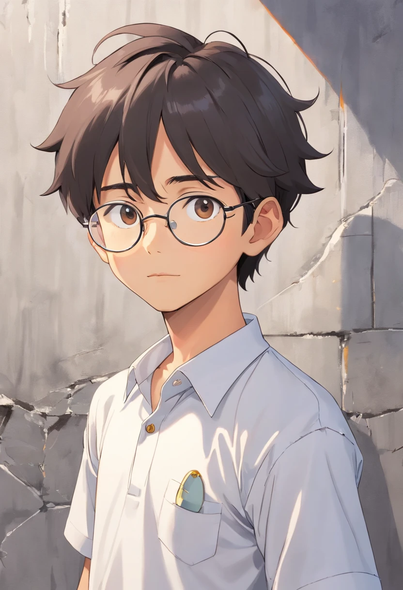 A Thai boy wearing circular glasses and a white shirt sits in front of a gray wall.., About 1 9 years, headshot profile picture, taken in the early 2020s, Young Catholics with glasses, mohamed chahin, professional profile picture, 18 years, profile portrait, Pinch on his head.., Professional images