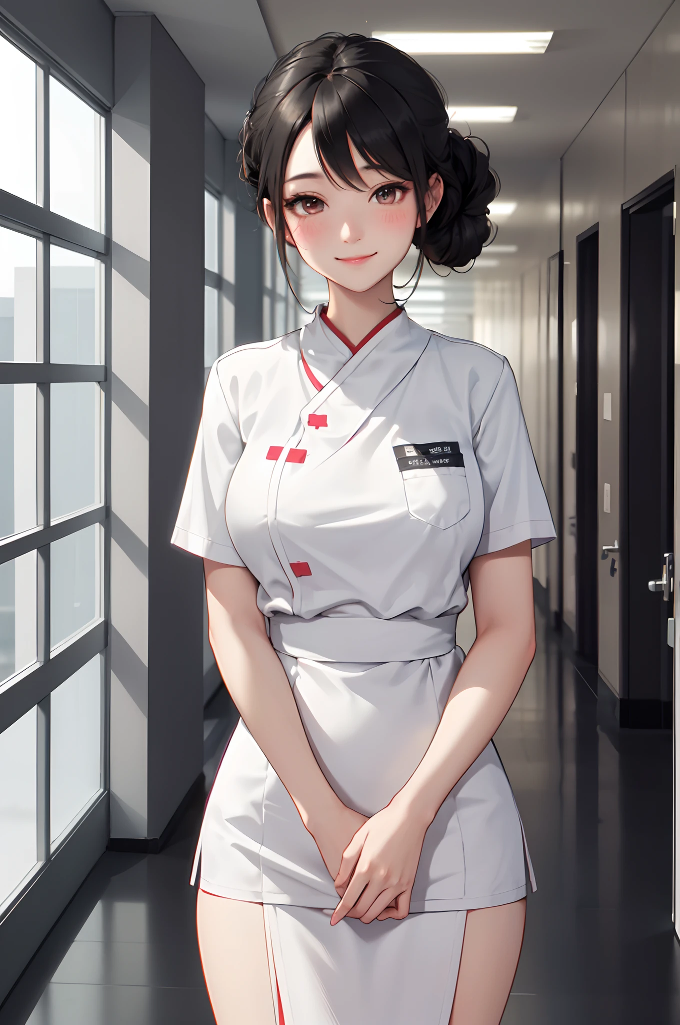 hospital hallway indoors, 1lady solo nurse, /(simple uniform/) /(black medium hair/) hair up, blush kind smile, (masterpiece best quality:1.3) delicate illustration ultra-detailed high resolution, large breasts