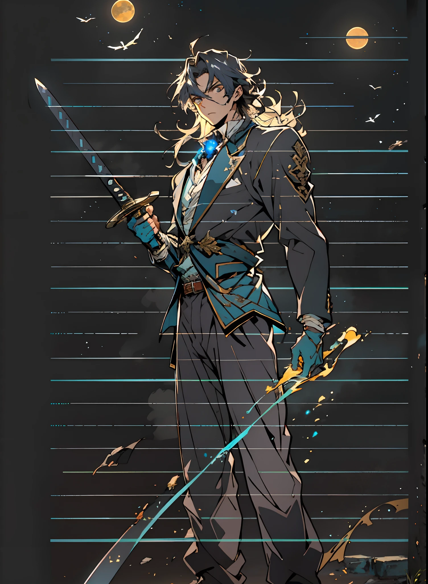 A young man with deep blue long hair, cold and resolute eyes, a slender face, handsome features, stands tall in front of a decrepit ancient city under the night sky, exudes a dignified demeanor, he wears a two-piece Western-Eastern hybrid black suit coat, matching black trousers, in each hand he holds a curved longsword emitting a faint, hazy blue glow that illuminates the surroundings, this character embodies a finely crafted fantasy-style swordsman design in anime style, characterized by a sophisticated and mature manga illustration art style, high definition, best quality, highres, ultra-detailed, ultra-fine painting, extremely delicate, professional, anatomically correct, symmetrical face, extremely detailed eyes and face, high quality eyes, creativity, RAW photo, UHD, 8k, Natural light, cinematic lighting, masterpiece:1.5