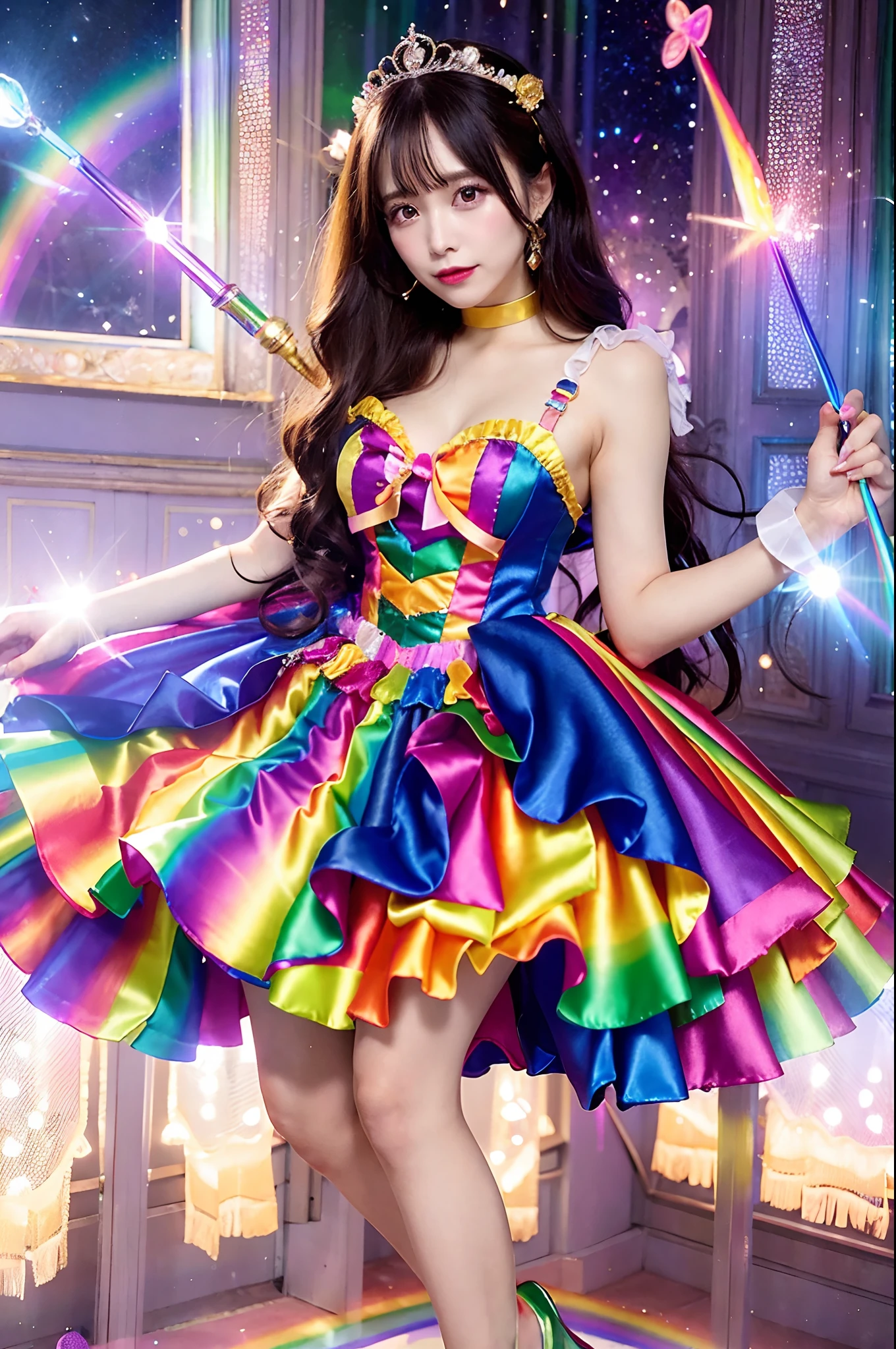 Close up portrait of woman in rainbow dress holding cane, high quality costume, fantasy dress, fantasy outfit, celebration costume, magical dress, wearing fantasy formal clothing, high quality theatre costume, elegant glamourous cosplay, Anime girl cosplay, beautiful outfit, Costumes with rainbow color accents, Belle Delphine, fairycore, Full dress, seraphine ahri kda