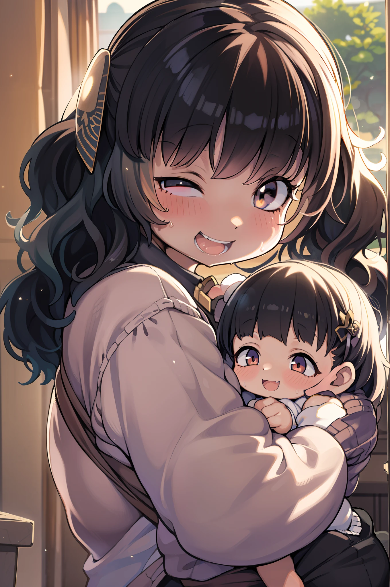 (Warmth:1.3), (Two roles:1.3), A big sister (Hold it up:1.2) A  girl，(kissing forehead:1.2)，Height Difference, Wonderful atmosphere, Lovely atmosphere, magic dust，masterpiece