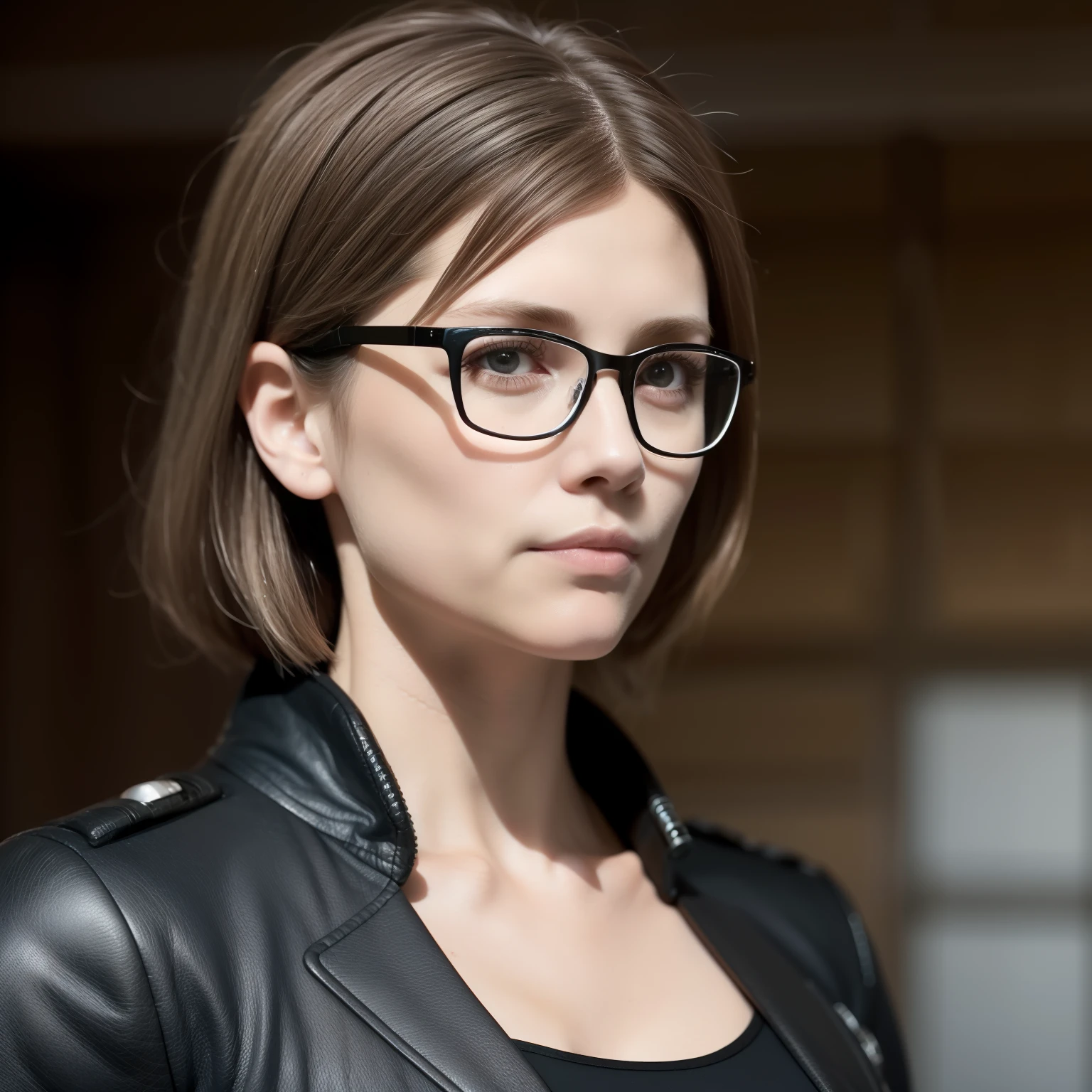 (cyberpunk military scientist:1) (1woman) dark theme :: focus on closeup face, curious face, Katee Sackhoff face, ultra realistic futuristic cyberpunk tall athletic woman, medium brown hair, futuristic glasses nerd, tattoo, cyberpunk city